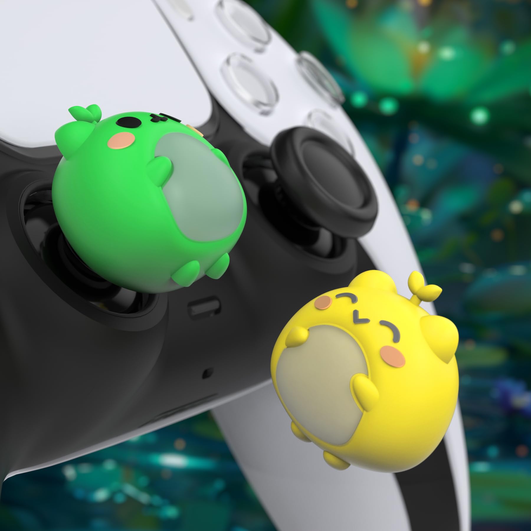 PlayVital LED Iluminados Agarres para el Pulgar - Tapas de Joystick para ps5/4, para Xbox Series X/S, para Xbox One, para Switch Pro, Cubiertas de Agarre con Diseño Divertido (Rana Verde & Amarillo)