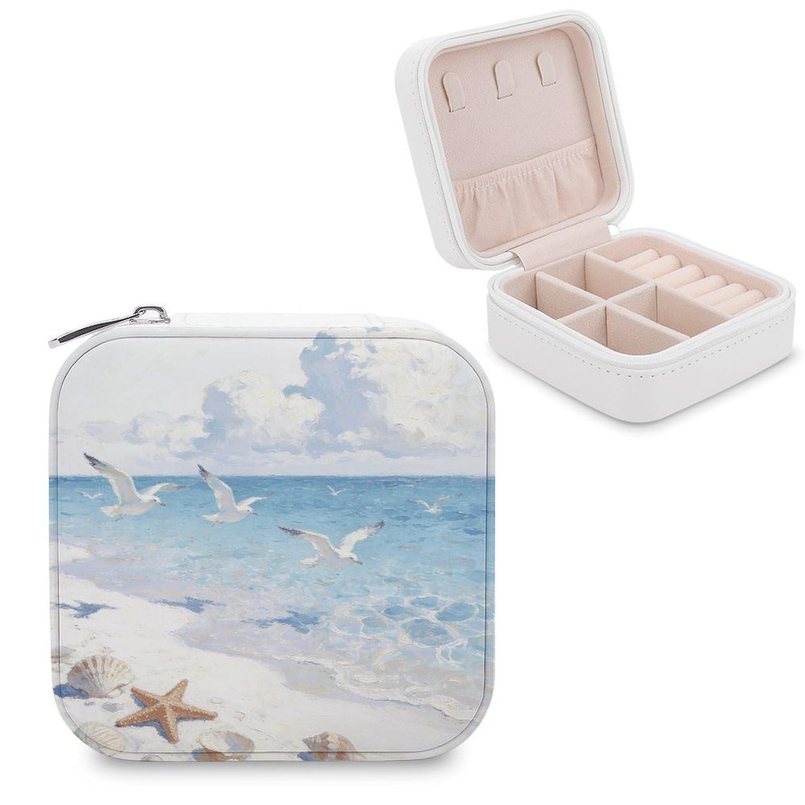 VstaDank Waves, Sands, And Seagulls' Shadows Jewelry Box Beautiful Portable Ring Boxes Cute Large-Capacity Jewelry Case Jewelry Organizer for Mothers Gifts for Earrings Rings Hand Bracelet