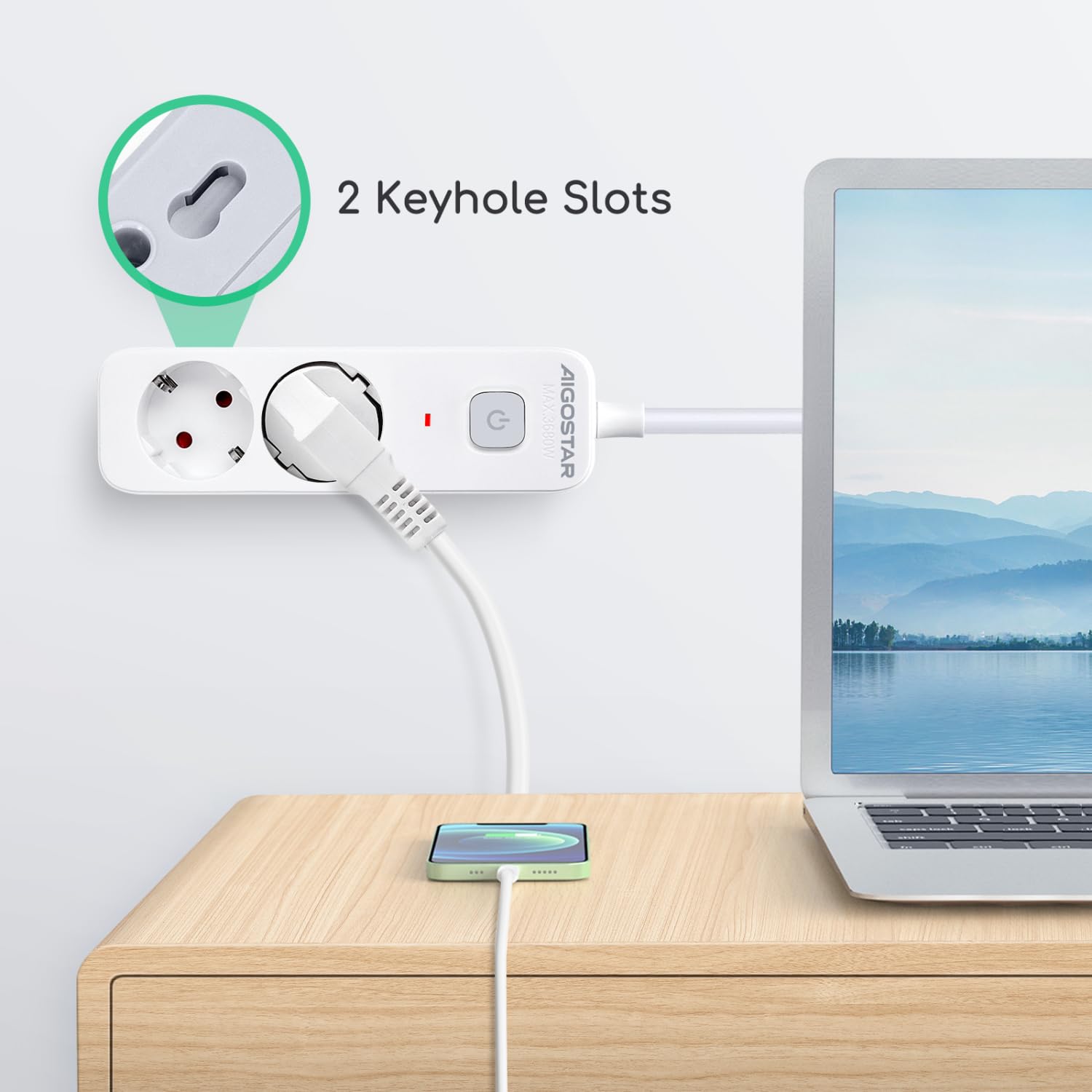 Aigostar Regleta Enchufes, Alargador Enchufe de 2 Enchufes con Interruptor, Cable de 3 Metros, Blanco — view 6