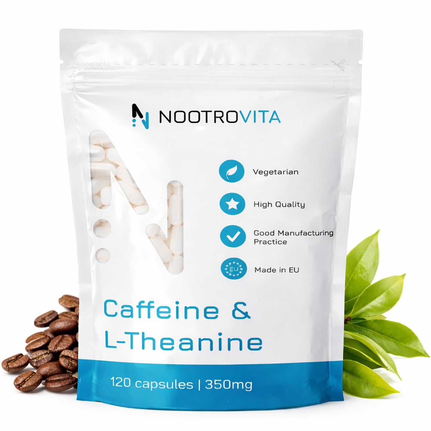 Koffein L Theanin 350 mg – 120 vegane Kapseln (4 Monate) | 100 mg Koffein + 250 mg L-Theanin pro Portion | Für fokussierte Aufmerksamkeit & ruhige Wachsamkeit | Ohne Füllstoffe | Nootrovita