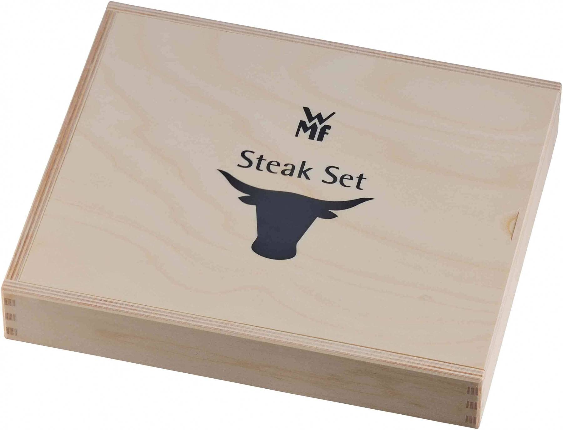 WMF Steakbesteck 12-teilig, Steakbesteck Set für 6 Personen, Steakmesser Set, Steakgabel, Cromargan Edelstahl poliert, Grillbesteck in Holzkiste