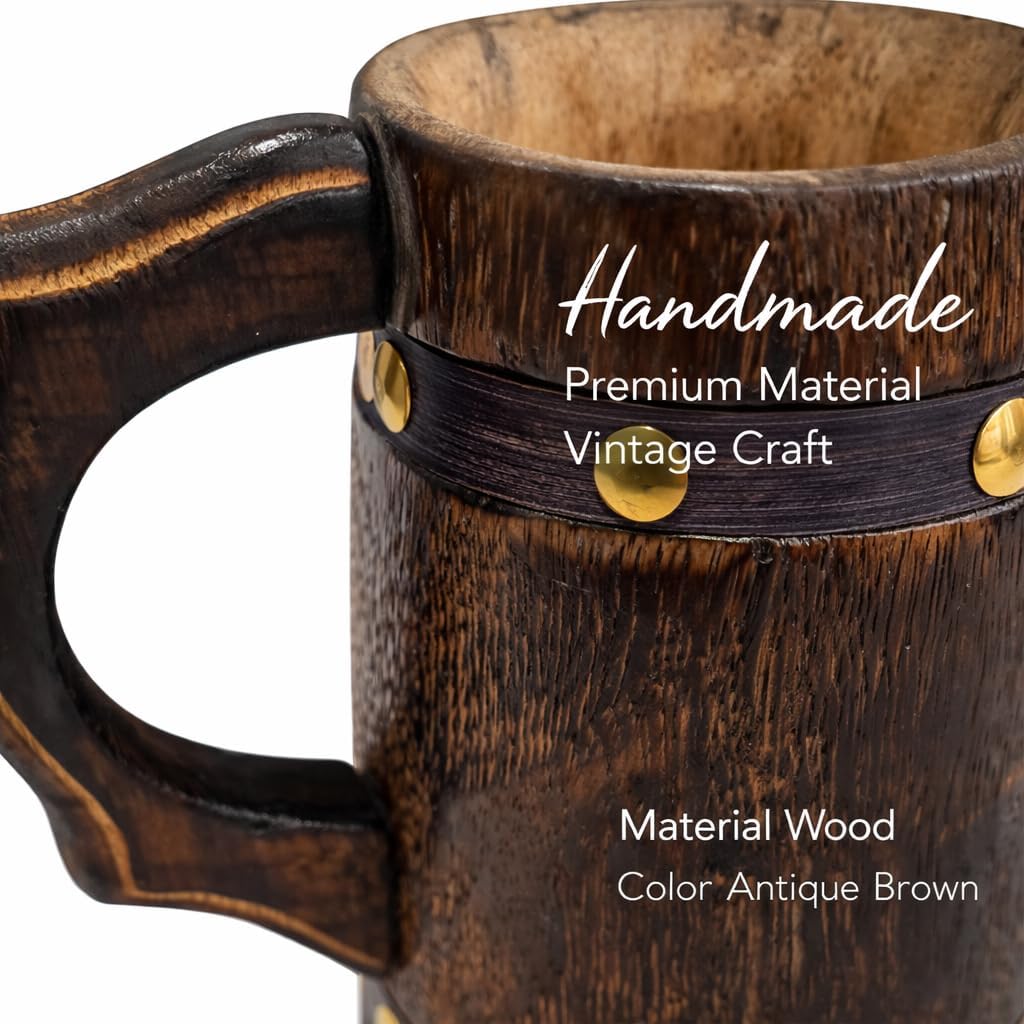 Handmade Rustic Wooden Mug with Leather Wrap Viking Tankard for Beer, Coffee & Drinks Ancient Style Food Safe Drinkware for Men, Home Bar & Kitchen Decor