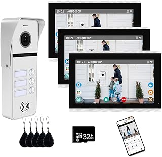 Wired Apartment Video Doorbell System 3 Units 10 Inch Touch Monitor Video Doorbell System, Wireless Video Door Phone Kit,Support Monitoring,IC Card Unlocking,Dual Way Intercom for Home Villa