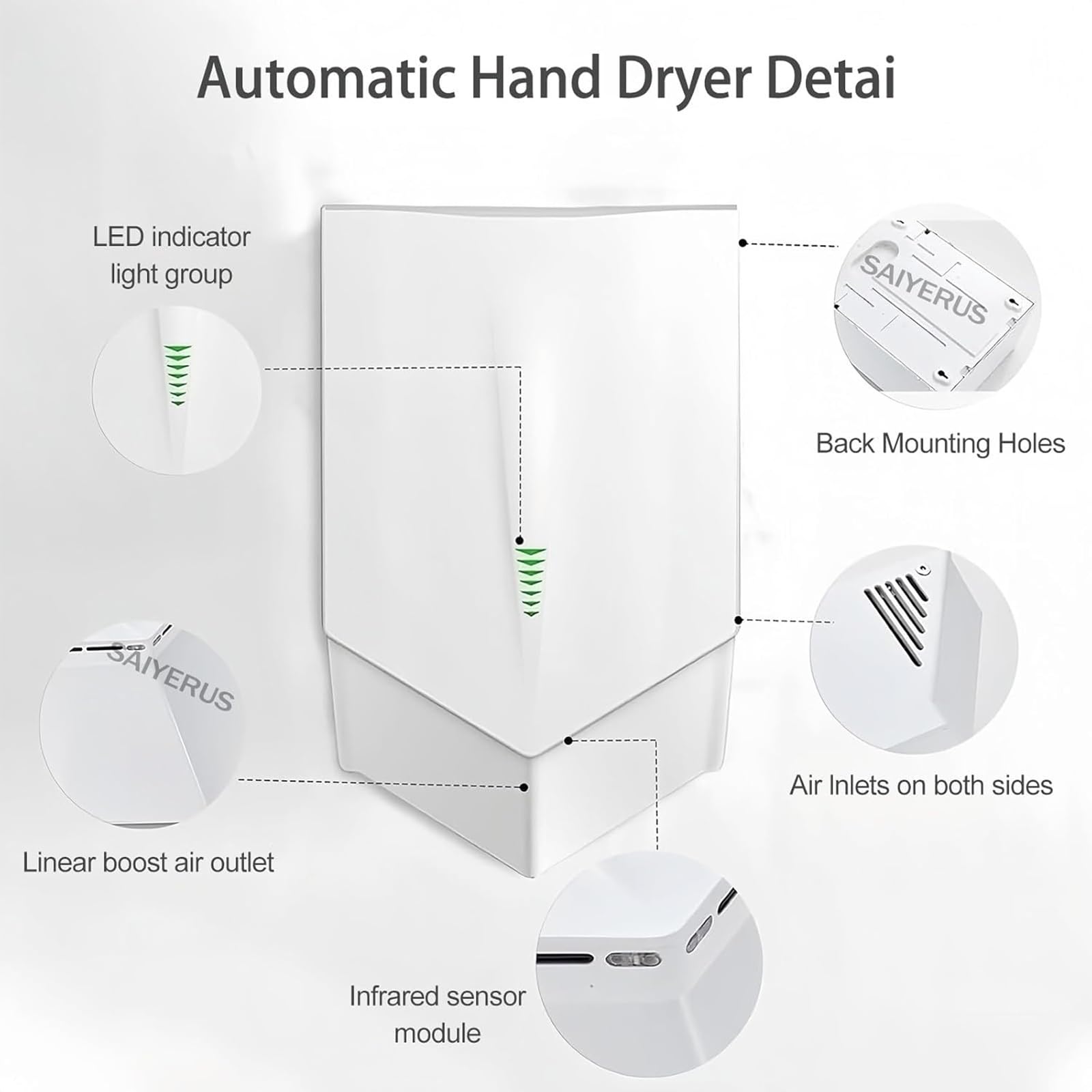 Asciugamani elettrico, sensore automatico, uscita aria a V, 1500 W, asciugatura rapida in 6-10 secondi, ideale per cucina, bagno e WC