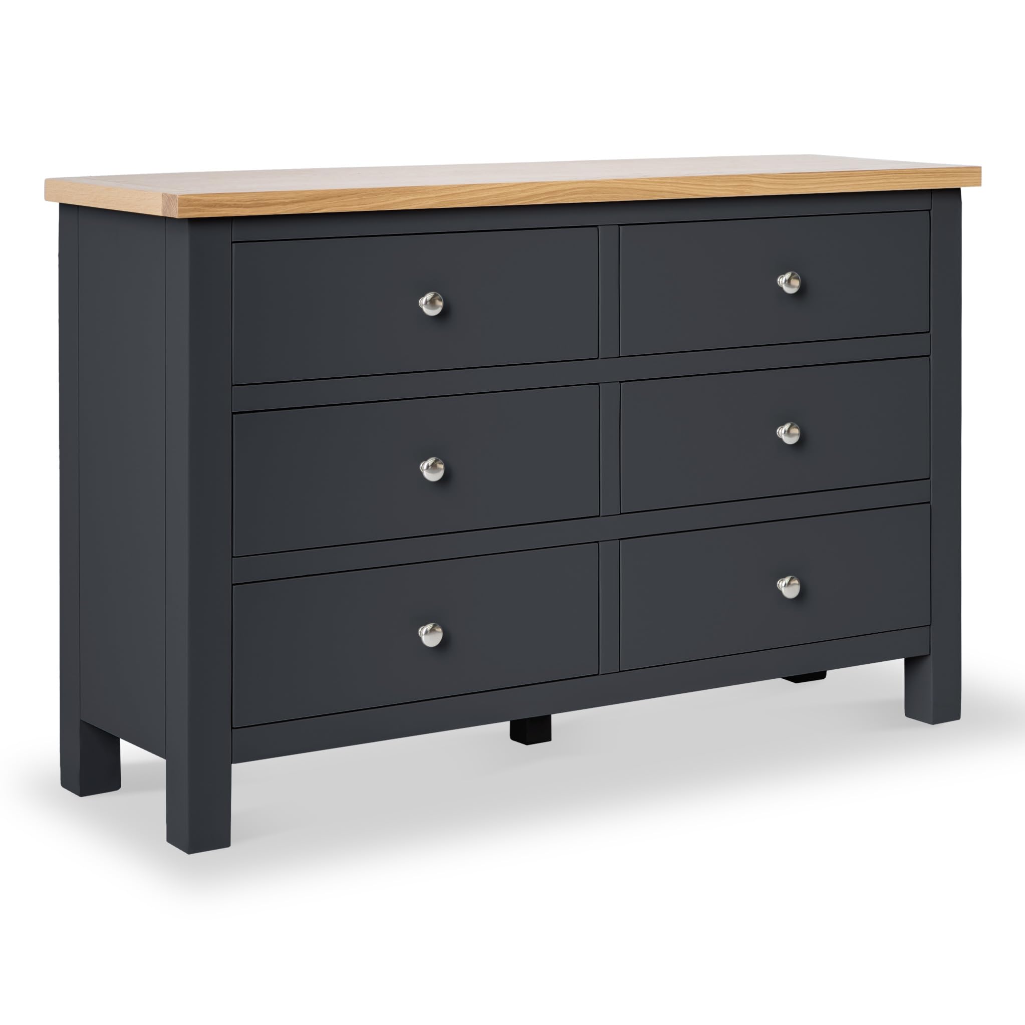 Farrow Charcoal Grey Large Chest of Drawers for Bedroom with 6 Drawers | Roseland Furniture Fully Assembled Contemporary Solid Wood Wide Painted Storage Chest with Oak Top | 78 x 120cm