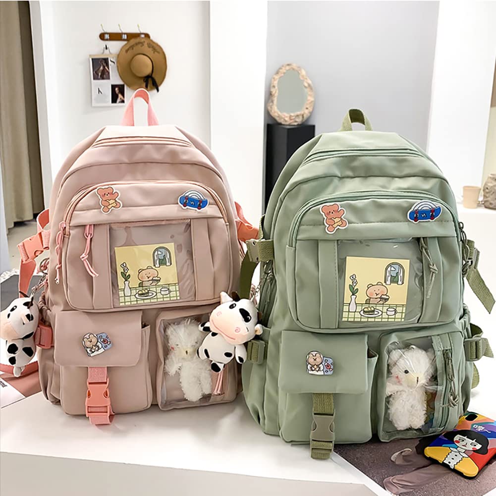 Thanps Kawaii Backpack with Cute Pin Accessories and Plush Pendant Cute Aesthetic Backpacks for School Bag Girl Backpack (Pink)