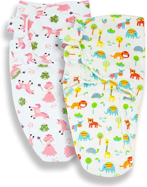 Callowesse Swaddle Blanket 0-3 Months  Adjustable Baby Swaddle Wrap, Set of 2 Baby Essential for Newborn - Pink Unicorns + Exotic Kingdom