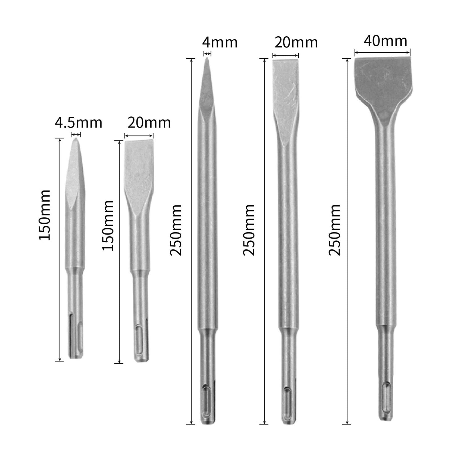 Set 5 Scalpelli SDS Plus Acciaio 40Cr, 2 Appuntiti 3 Piatti | Scalpelli SDS Plus Resistenti All’Usura, Gambo Standard Montaggio Veloce Per Lavori Murari E Fai Da Te