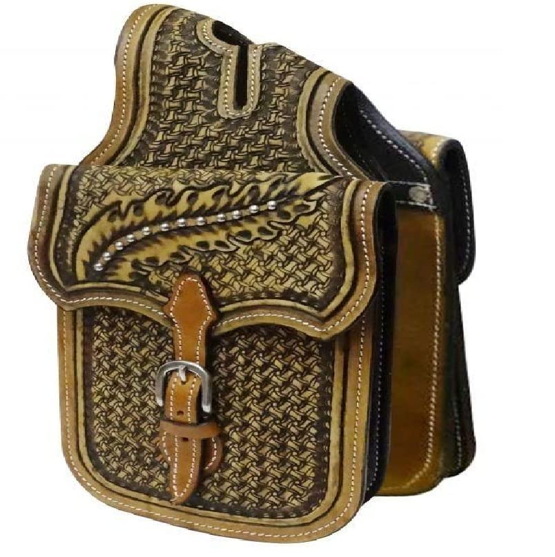HUMAYL SADDLERY Horse Saddle Bag Western Cowhide Genuine Leather Equestrian Trail Tooling Carving Tooled Carved Pack Equipment Horse Saddle Bags Size: 10” L x 10” W x 3 ½” D inches, BAG34