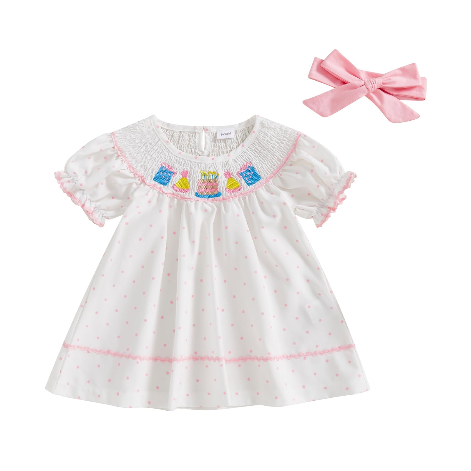 Little Kids Toddler Baby Girl Dress Birthday Cake Embroidery Puff Short Sleeve Smocked Dress A-line Princess Dress (White, 4-5 Years)