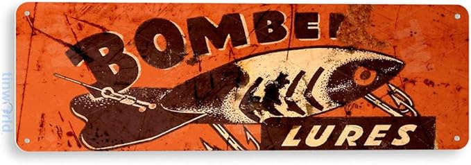 Tinworld Tin Sign: Bomber Lures Retro Rustic Fishing Fish Bait Tackle Marina Metal Decor B601