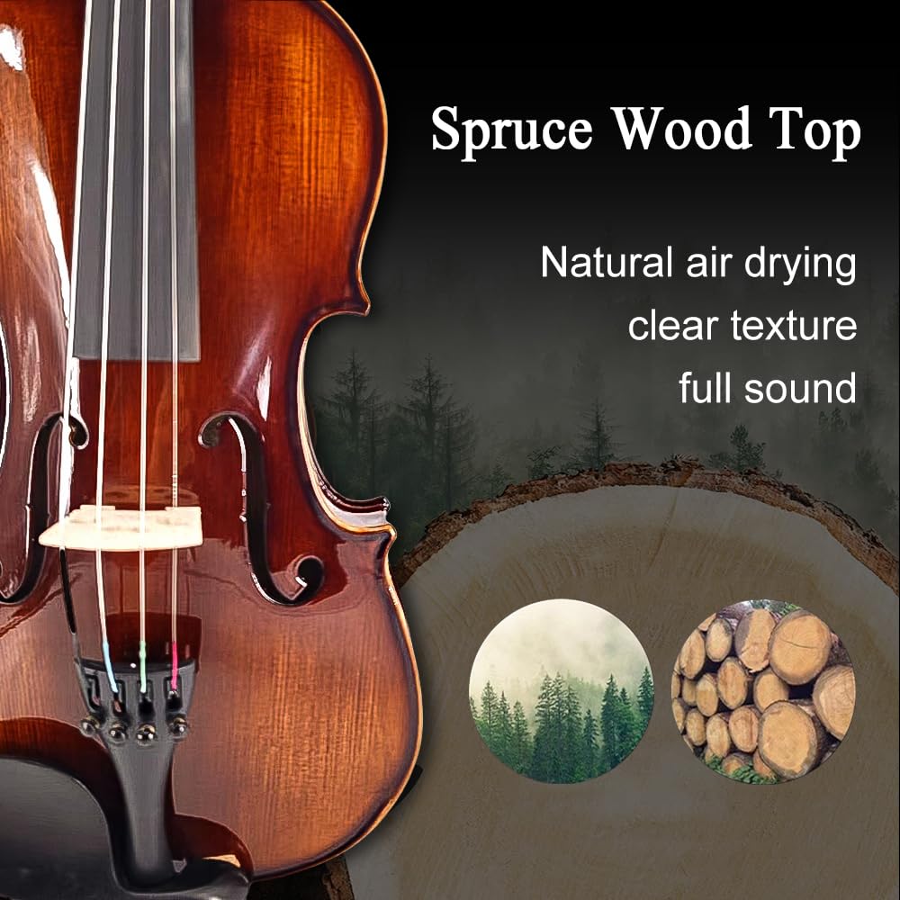 Violon 4/4 complet pour débutants, adultes, étudiants, épicéa vieilli, violon en bois massif, fixations en ébène avec étui rigide, épaulière, archet, accordeur, cordes supplémentaires (marron