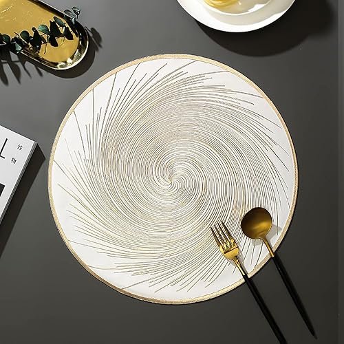 Miniatura 6 de PIGCHCY Juego de 6 manteles individuales metálicos dorados, manteles individuales redondos de vinilo de plástico para mesa de comedor,
