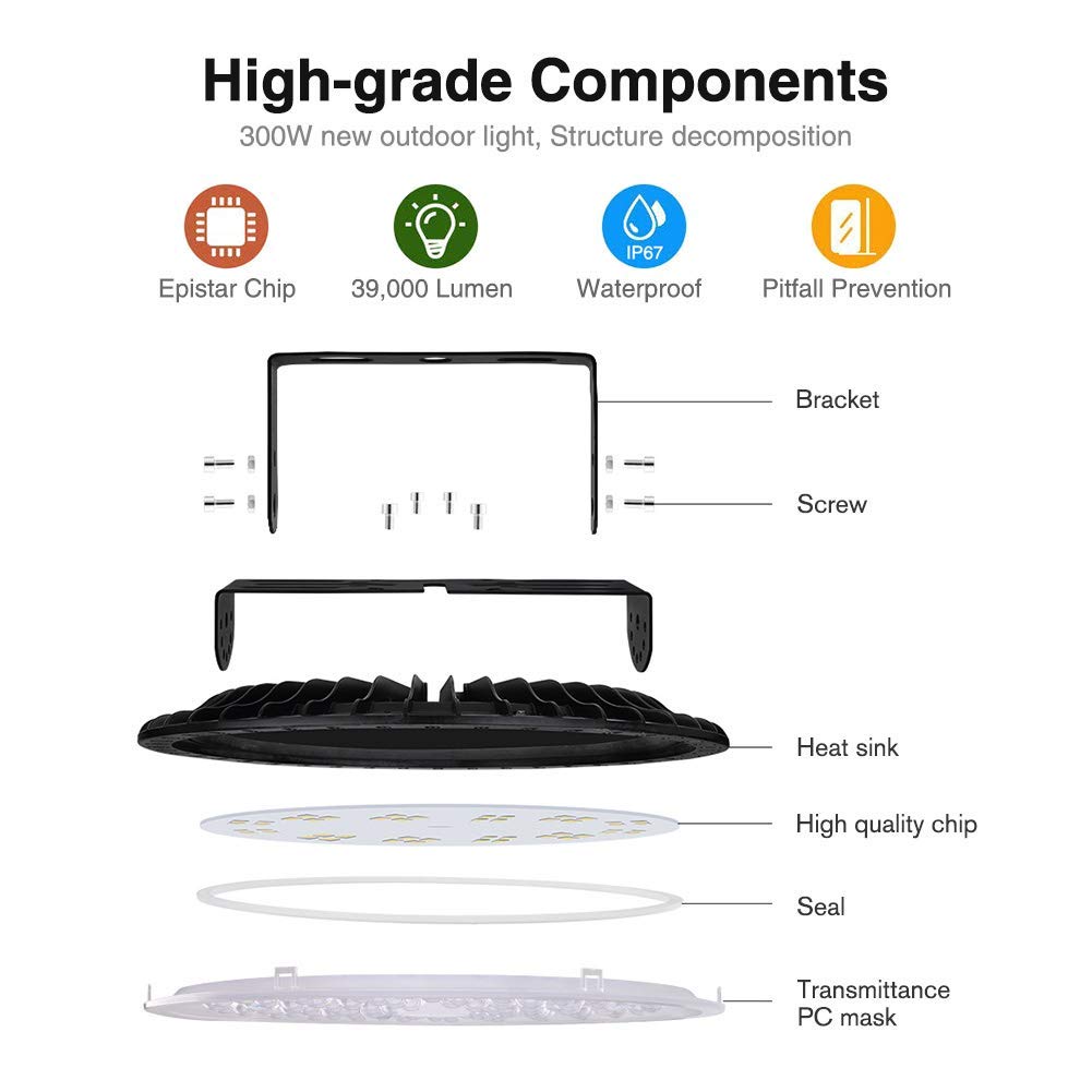 papasbox 10 Pack LED UFO Industrielampe, 300W LED Hallenstrahler Deckenleuchte High Bay Licht, SMD 2835 LED Flutlicht Pendelleuchten, Kaltweiß 6000-6500K, Industriebeleuchtung Werkstattlampe