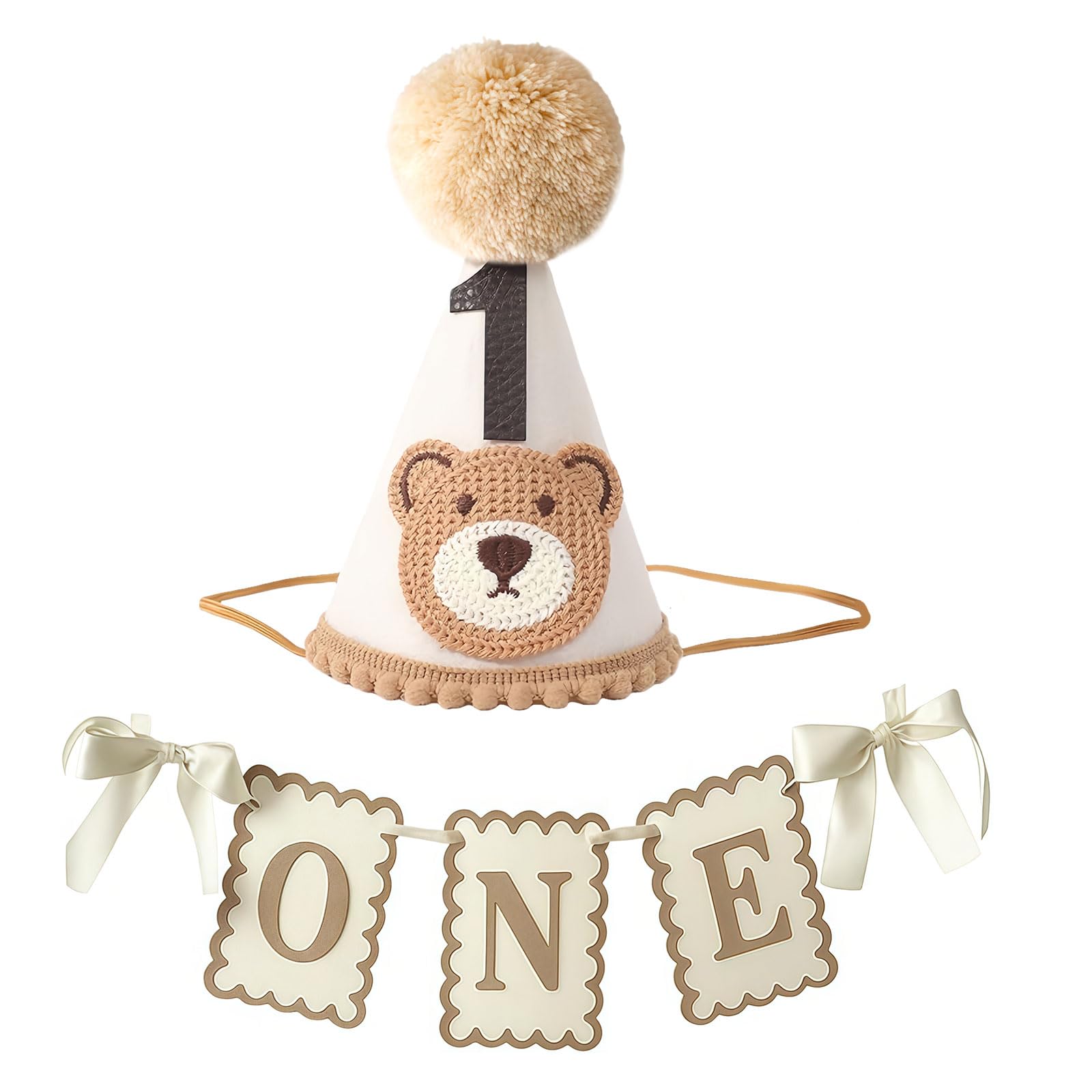 CHarmeFleur 1st Birthday Hat And Banner Set, Gender-Neutral First Celebration Decorations, Bear Pattern Cone Party Hats With Banner For Infant Photo Props And Cake Smash