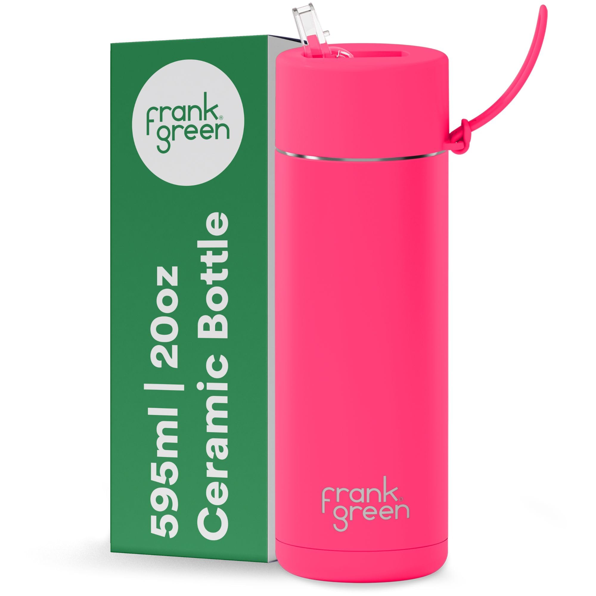 frank greenInsulated Water Bottle for Cold Or Hot Drinks - 595ml/20oz Metal Water Bottle with Straw Lid, Ceramic Insulated, Stainless Steel, Triple Wall Vacuum - Neon Pink by frank green