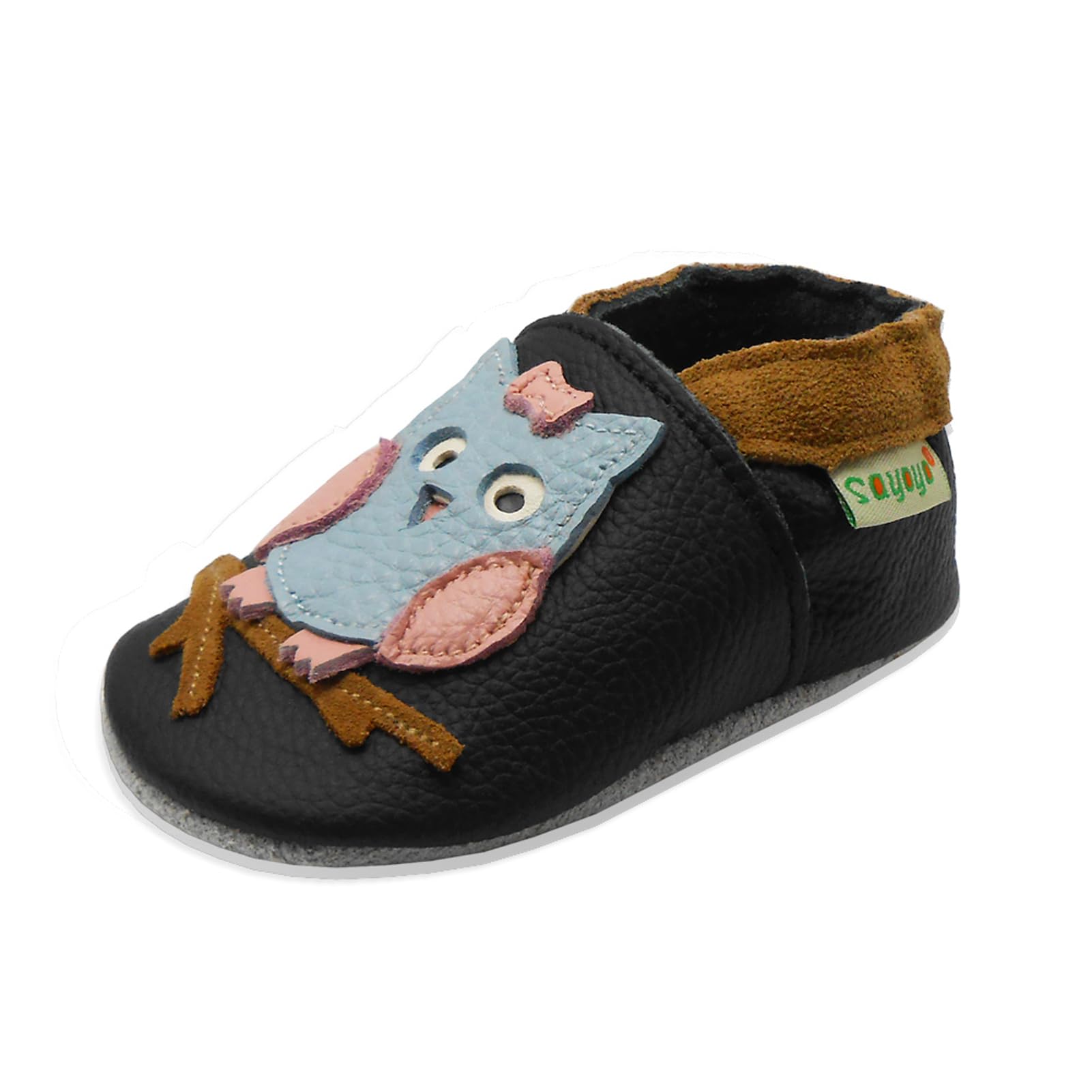 SAYOYO Weiche Leder Krabbelschuhe Baby Lauflernschuhe Jungen rutschfeste Babyhausschuhe Mädchen Kleinkind Lederschuhe, 18-24 Monate, Schwarz Eule
