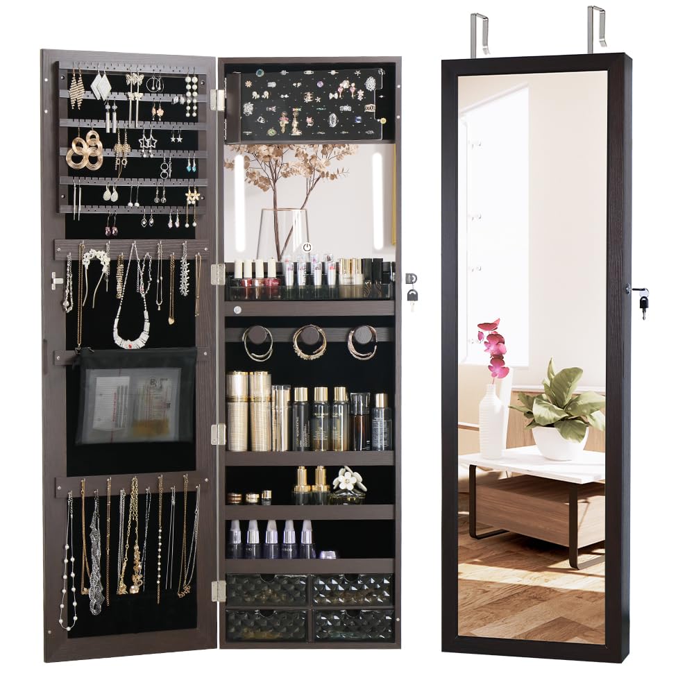 Mirror Jewelry Cabinet With Built-In Touch Light Mirror - 47.3” H Jewelry Armoire With Mirror And 4 Drawers, Wall/Over The Door Full Length Mirror With Storage - Brown