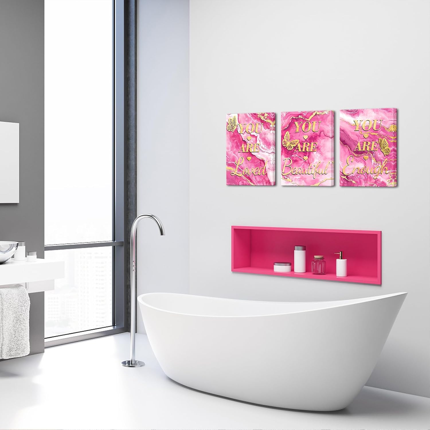 LevvArts Inspiration Wall Decor You Are Loved/Beautiful/Enough Sign Painting for Girl Women Bedroom Pink and Gold Marble Pictures (Pink)