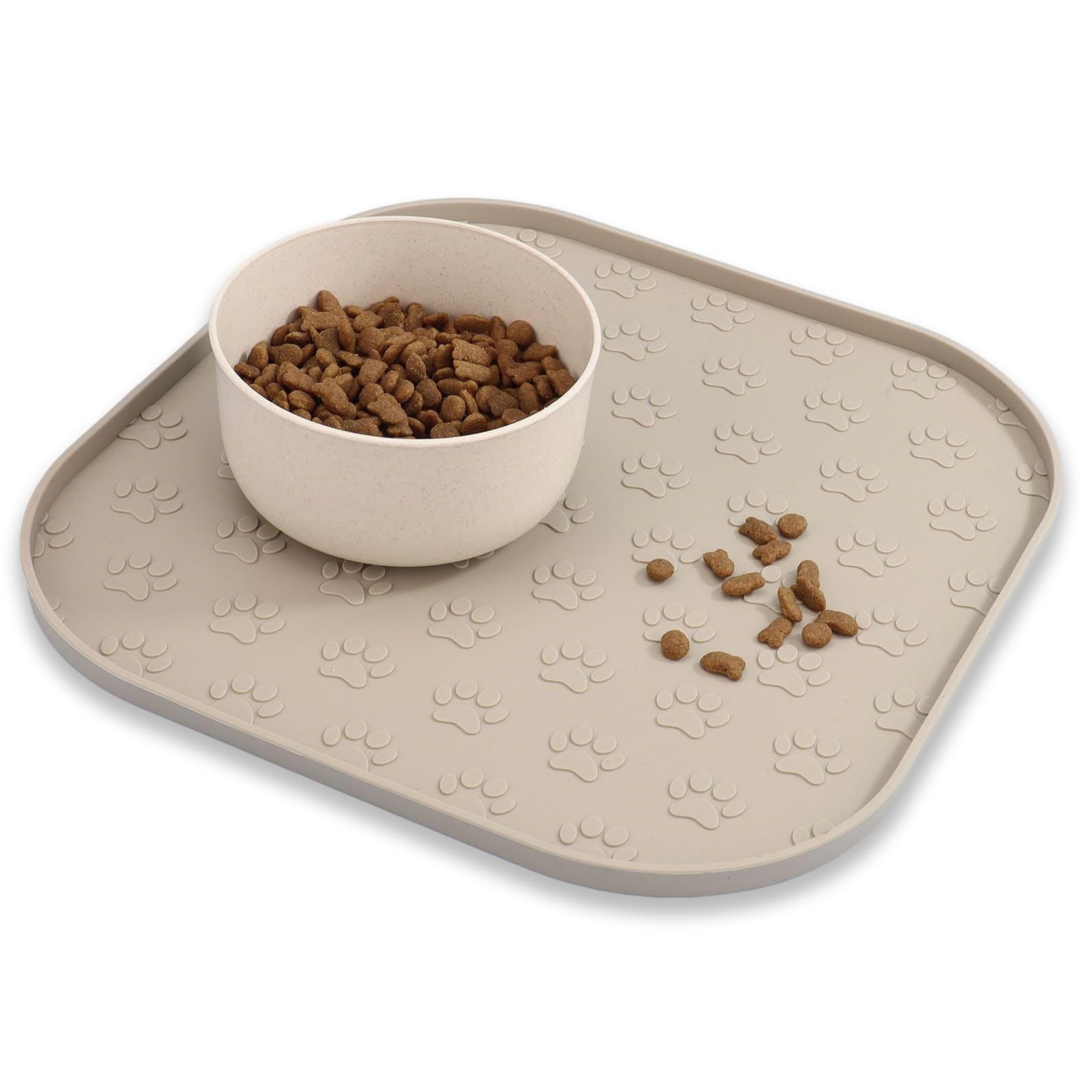 Pet Feeding Mat, Waterproof Anti-slip Placemats for Dog Cat Bowl Silicone Pet Food Mat, Raised Edge Prevent Spills on Floor & Carpet, Dishwasher Safe (Beige, 28cm x 28cm) โ image 1