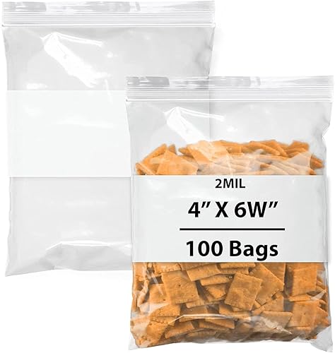 Bolsas de polietileno con cierre resellable, bloque blanco, 4 x 6 pulgadas de ancho y (100 bolsas) de plástico transparente de 2 mil con cierre