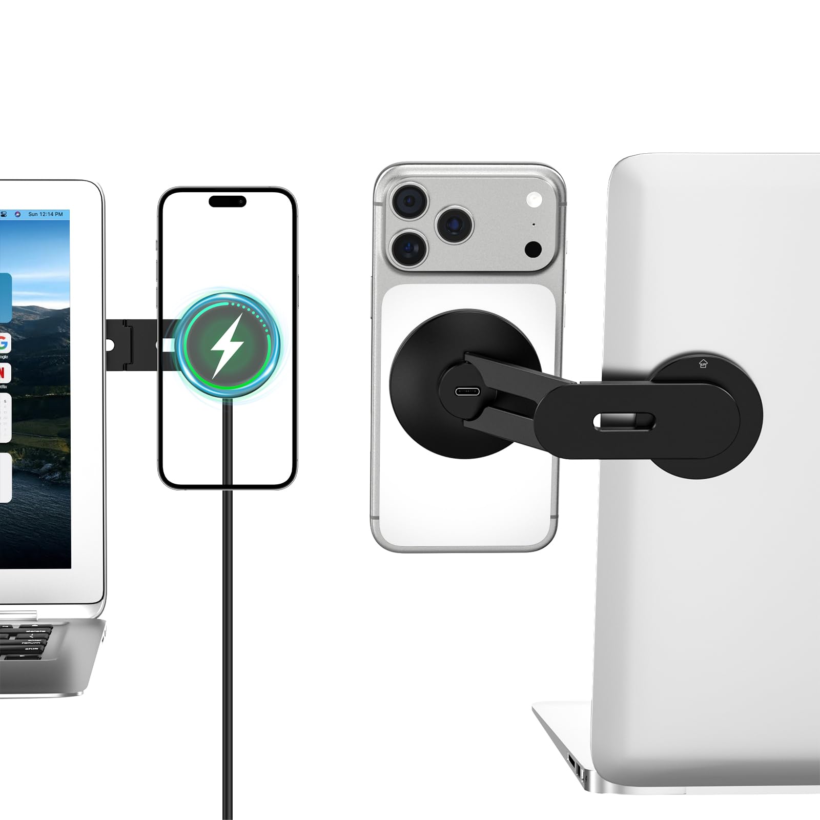 CloudValley Magnetischer Laptop Handy Ständer, 15W Schnellladegerät, 3Dimensionale Verstellbare Kamera Übergabe Zubehör Halterung für iPhone, Faltbarer Halterungsbügel für Tesla PC Monitor, schwarz