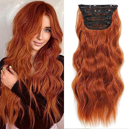 24” Red Clip in Hair Extensions Long Wavy Synthetic Extensions for Women