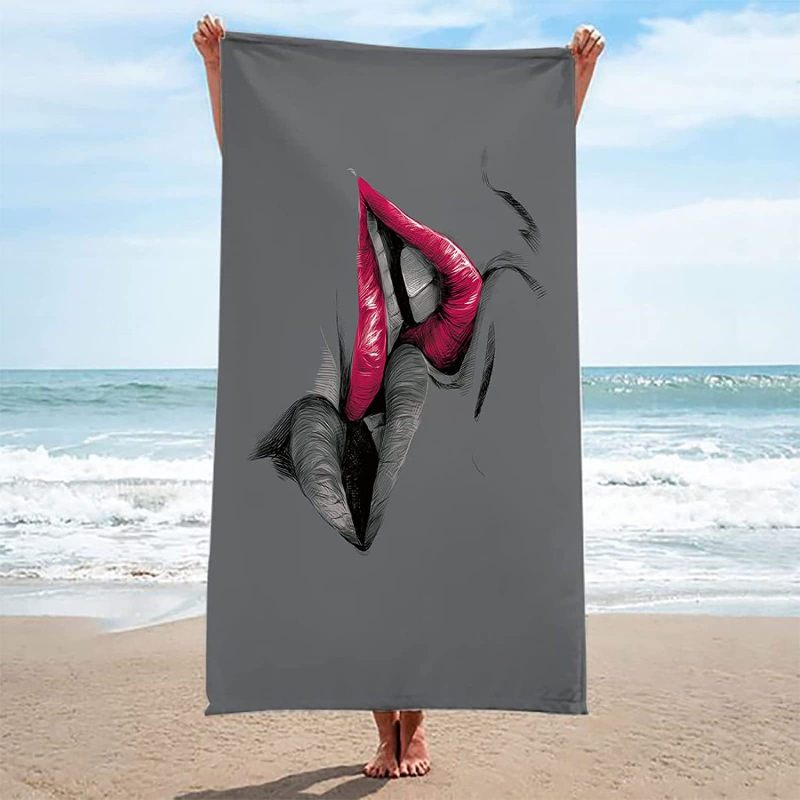 Serviette de Plage XXL 200x200 pour Femme, Homme, Enfant - Drap Anti Sable à Séchage Rapide avec Motif Lèvres Sexy - pour Bain, Piscine, Camping Couple