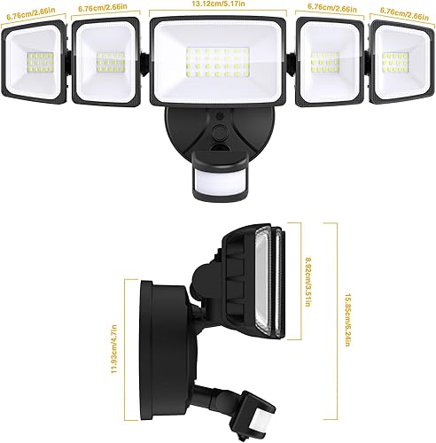 Miniatura 7 de Onforu Luces LED de seguridad de 5 cabezales de 55 W, sensor de movimiento para exteriores, gran angular de 360, luz de inundación de 5000 lm, 6500