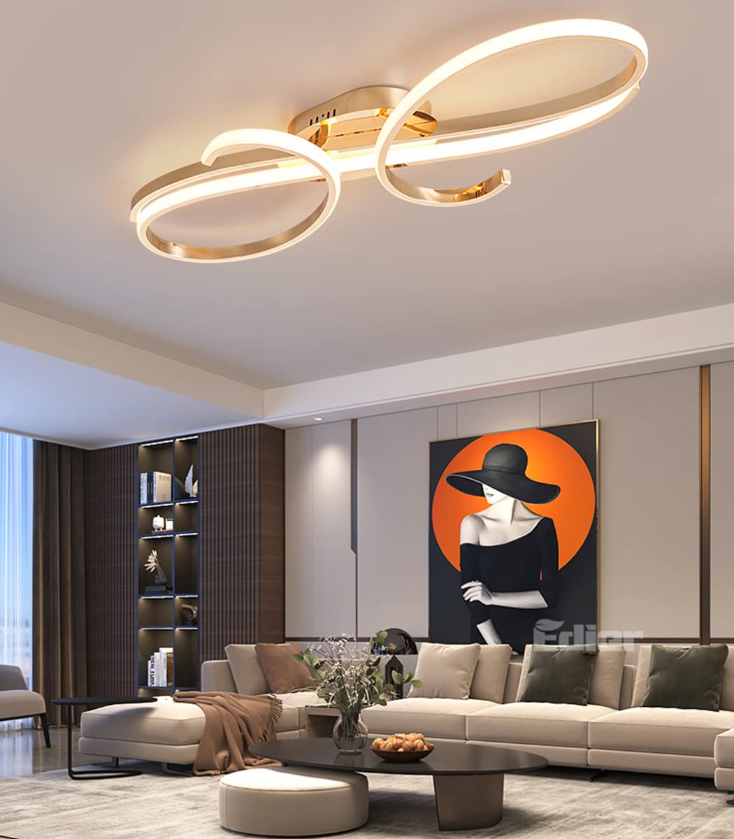Bellastein LED Design Deckenlampe Modern Wohnzimmer Pendelleuchte Dimmbar Esszimmer Hängelampe Metall Chrom Deckenleuchte für Esszimmer Schlafzimmer Wohnzimmer (Gold, ‎L80cm)