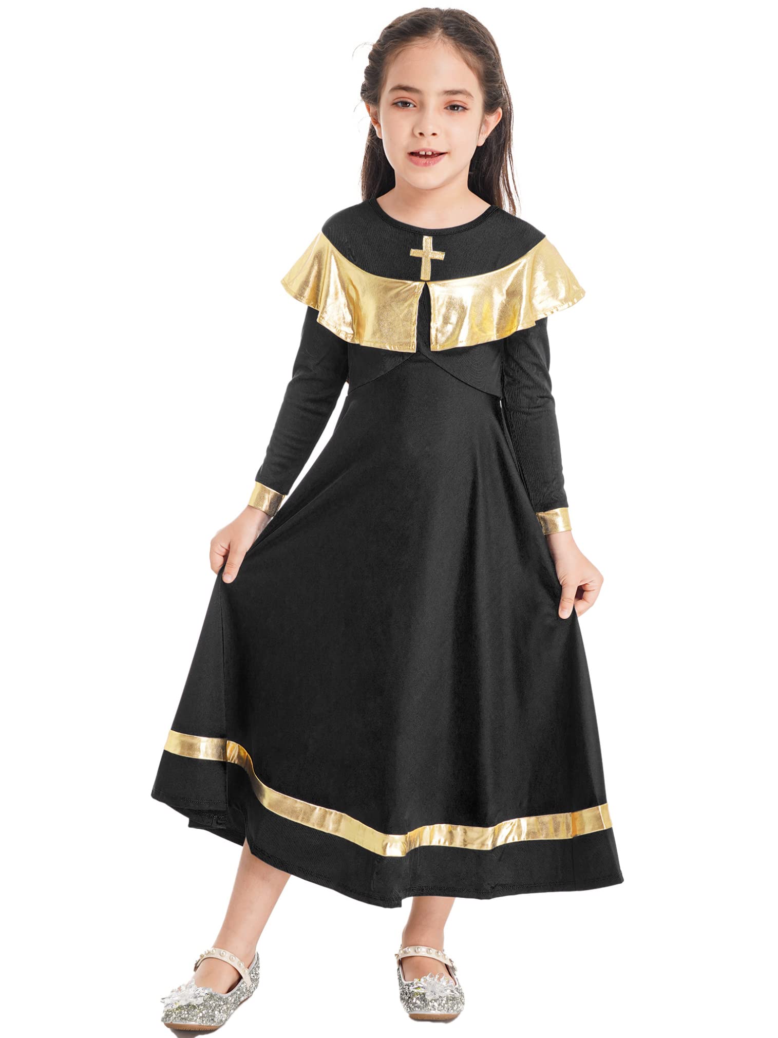 easyforever Kids Girls Ruffle Metallic Gold Color Block Praise Dance Dress Lyrical Worship Dance Tunic Dress Dancewear Black 4 Years