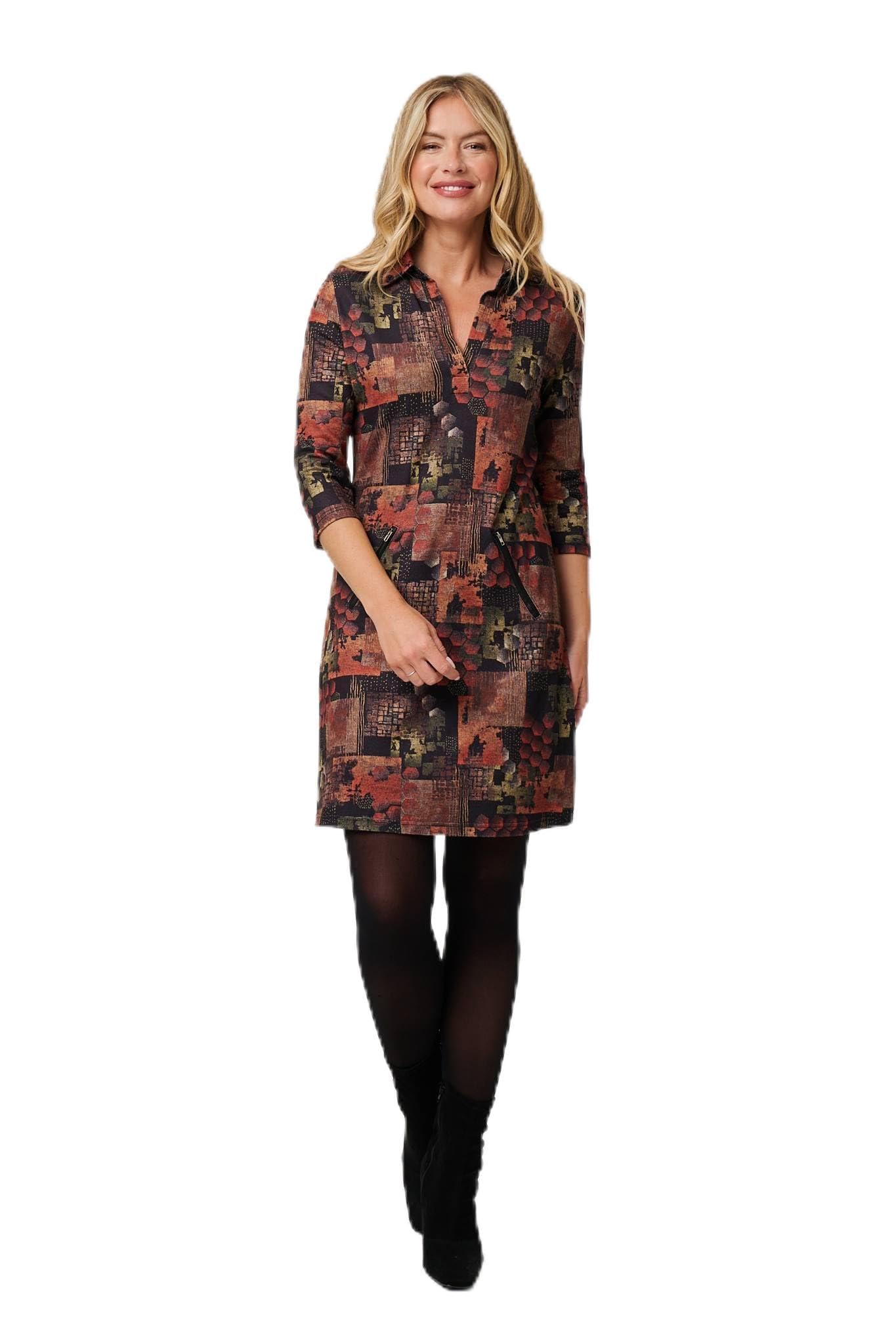Izabel London Women's Brown Printed 3/4 Sleeve Collared Short Dress In Size 10
