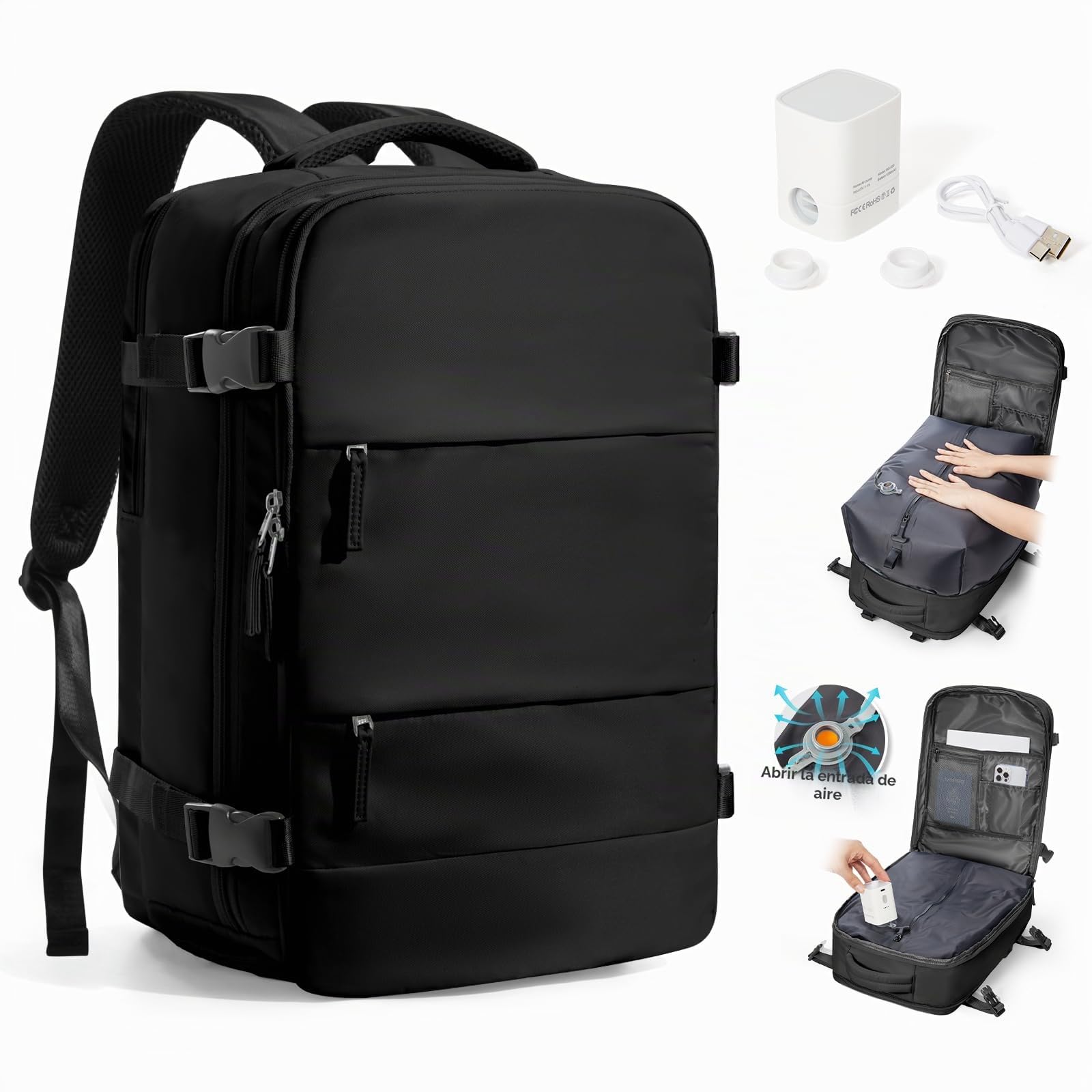 Mochila Cabina al Vacio Avion 45x36x20 Easyjet,Mochila Viaje Vacio con Bomba Equipaje de Mano Compresion al Vacio Mochila Portatil Hombre y Mujer,Negro
