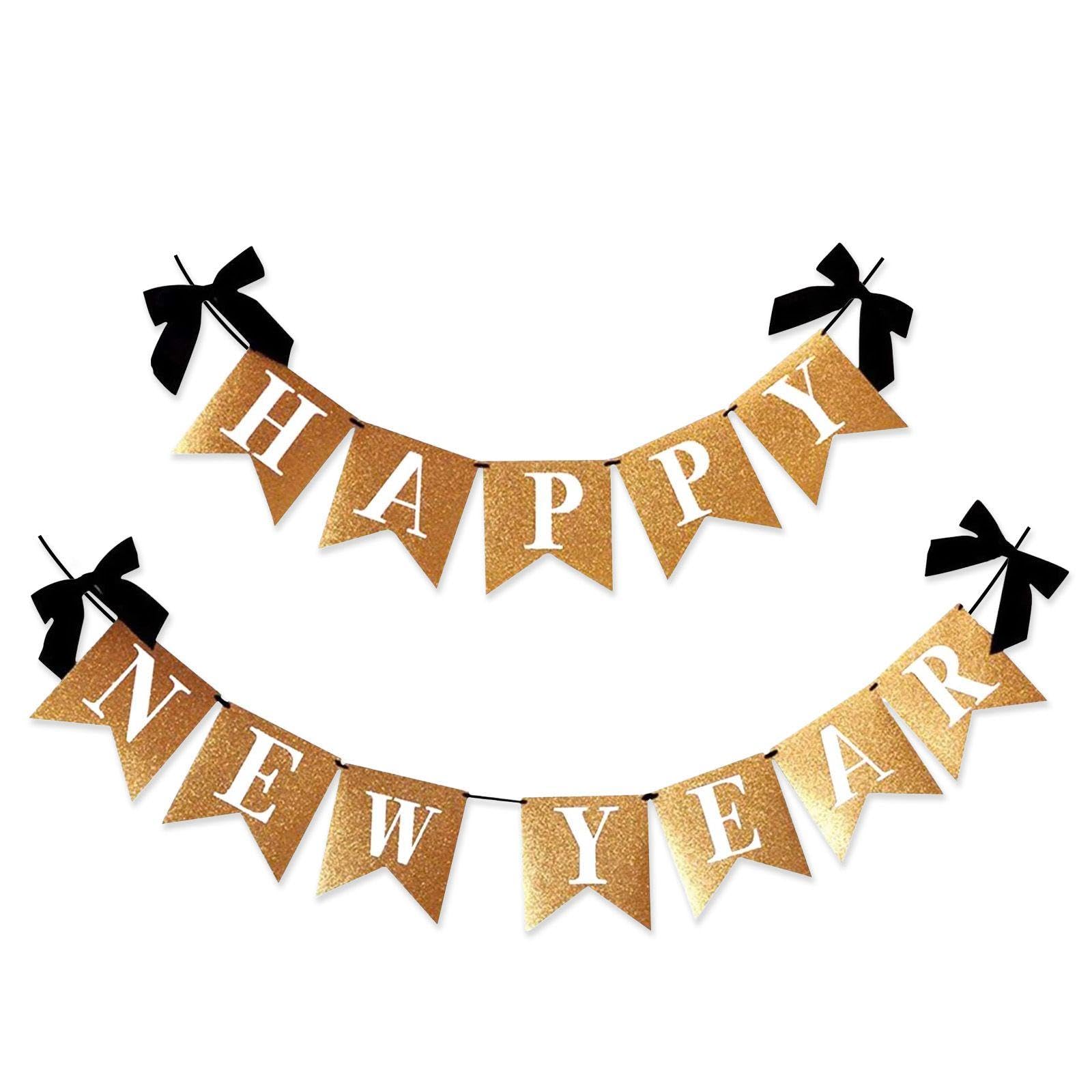 YSDYY 1 Piece Glitter Happy New Year Banner, Bow New Year Party Decoration Banner, Holiday Decorations
