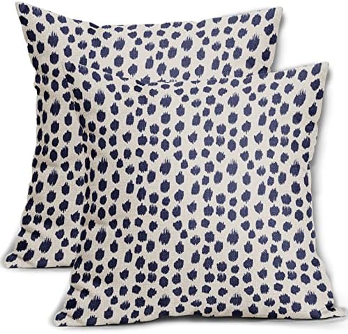 Navy Blue Cream Pillow Covers 18x18 Set of 2 Polka Dot Throw Pillows Outdoor Boho Design Brush Strokes Decorative Pillowcase Square Cushion Cover Linen Pillow Case for Home Sofa Couch Bed