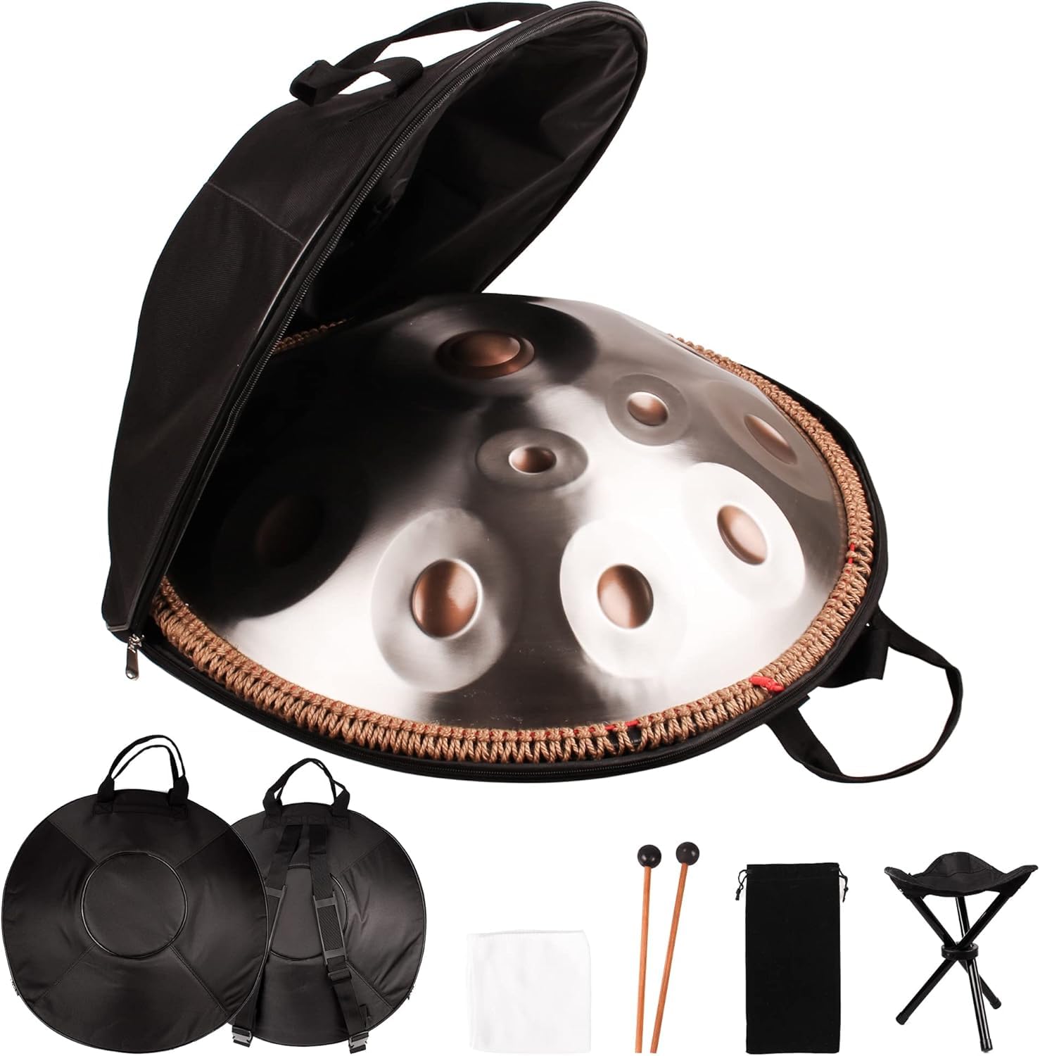 Handpan 432 HZ Débutant, Drum Instrument 12 Tons 22 Pouces, Hand Pan D Mineur, Tambour à Main avec Sac de Batterie et Support-Handpan pour la Guérison par le Son, la Méditation, le Yoga, Argent