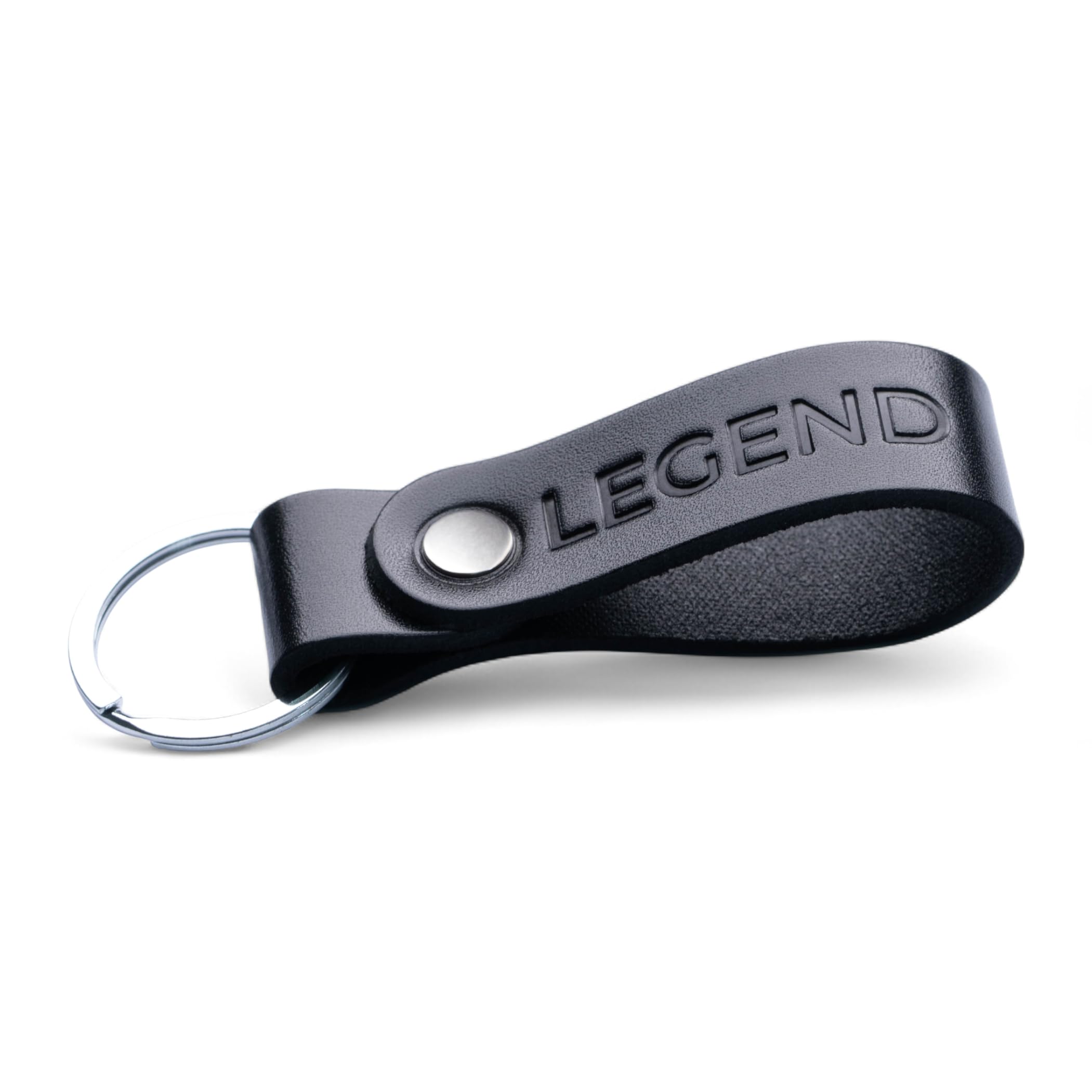 MAGOR Leather Full Grain Keyring for Men and Women, Personalised Keychain for Car or Home Keys, Elegant Black Key Ring with Hot Embossed Design, Premium Gift for Him Her Dad Husband (LEGEND)
