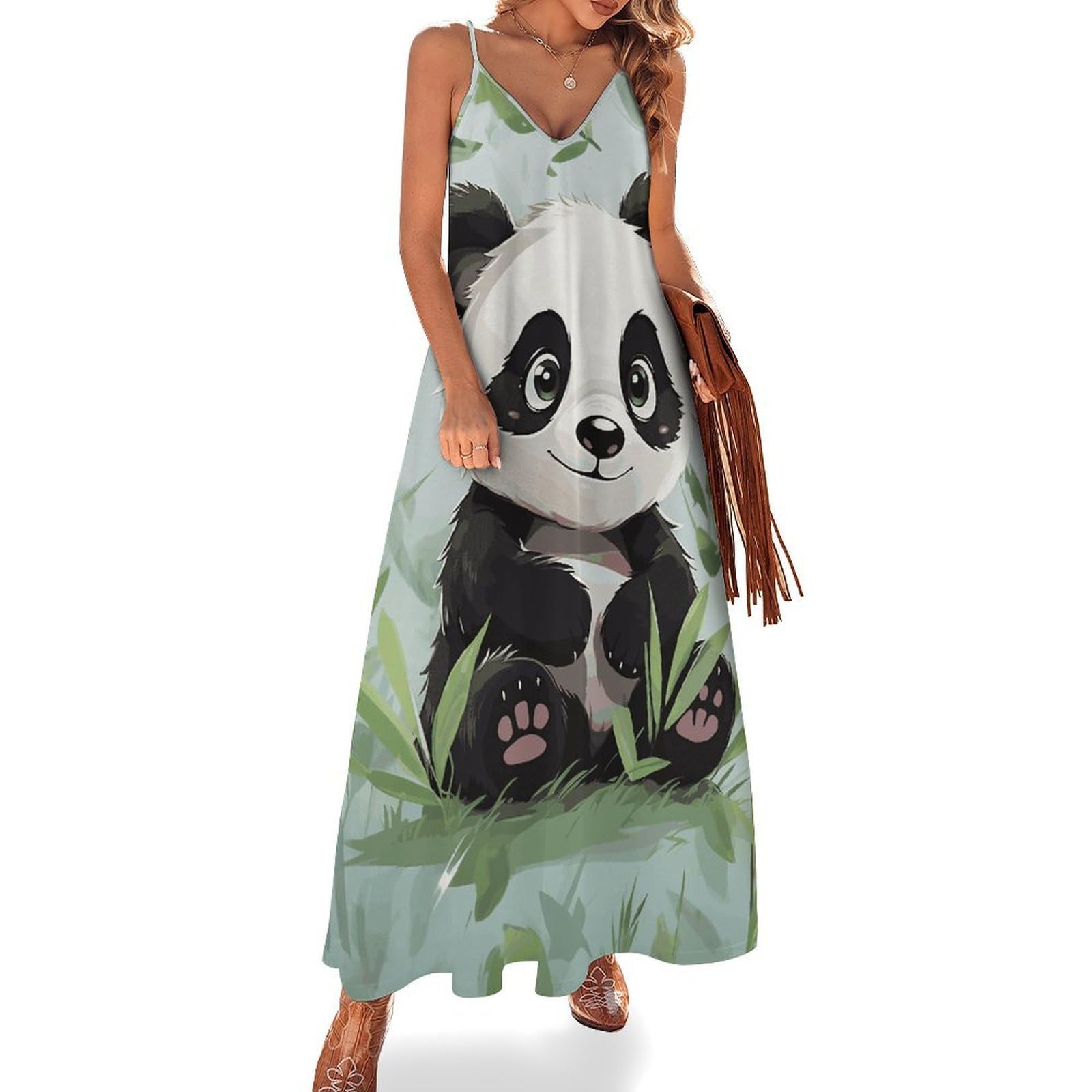 Panda Women Summer Maxi Dresses 2026 New Vacation Beach Sundresses V Neck Sexy Sundress X-Large Style