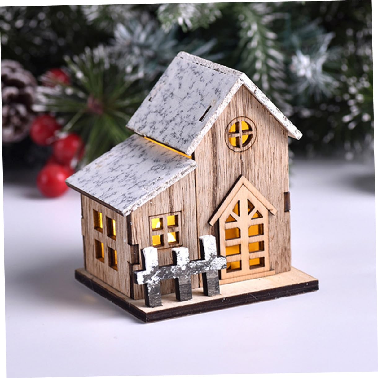 3 Piezas Decoración Navideña Madera Luminosa Casas Pueblo con Luz LED para Interior Fiesta Xmas