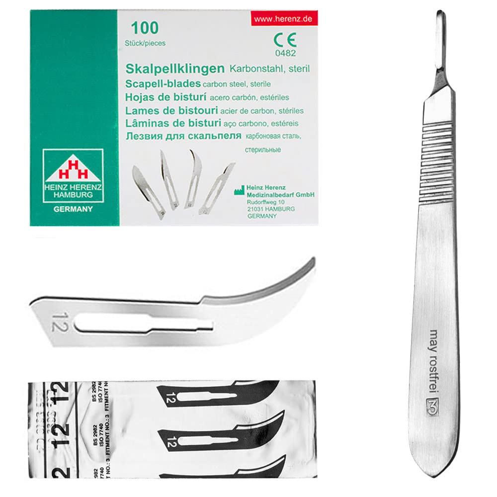 Set avec 100 x lames de scalpel N° 12 - Lame stérile en acier au carbone et 1 x May - manche de scalpel Figure N° 3 en acier inoxydable