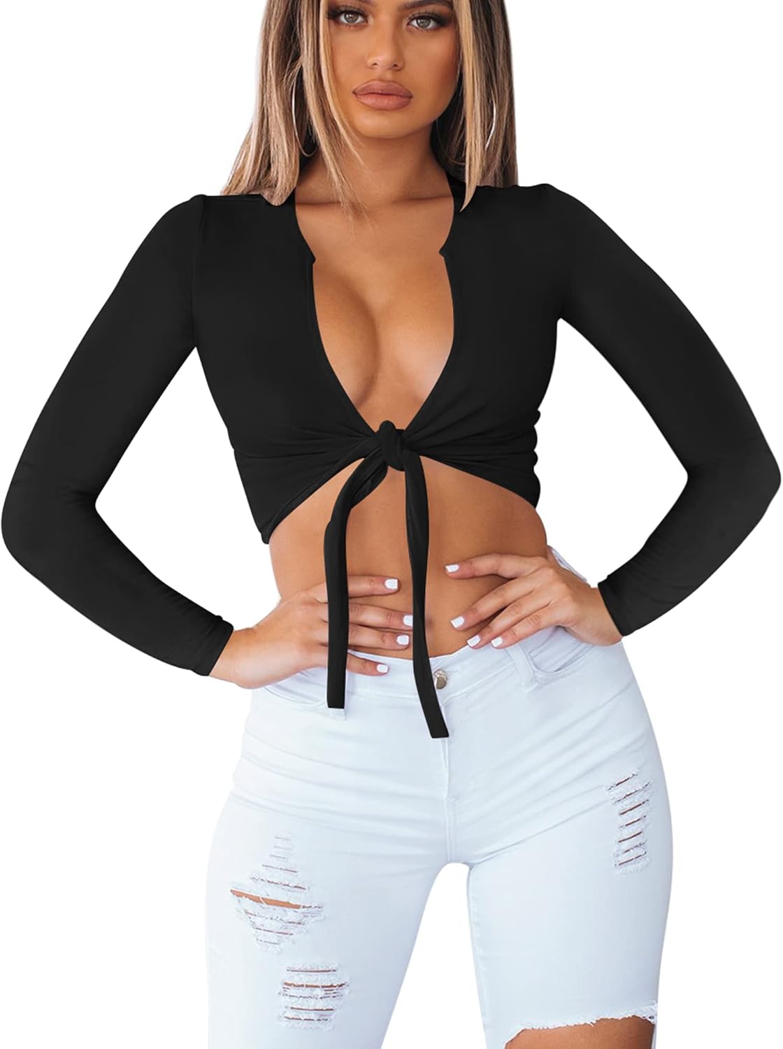 BORIFLORS Women's Sexy Tie Up Crop Top Short Sleeve Deep V Neck Casual Basic T Shirt - Image 3