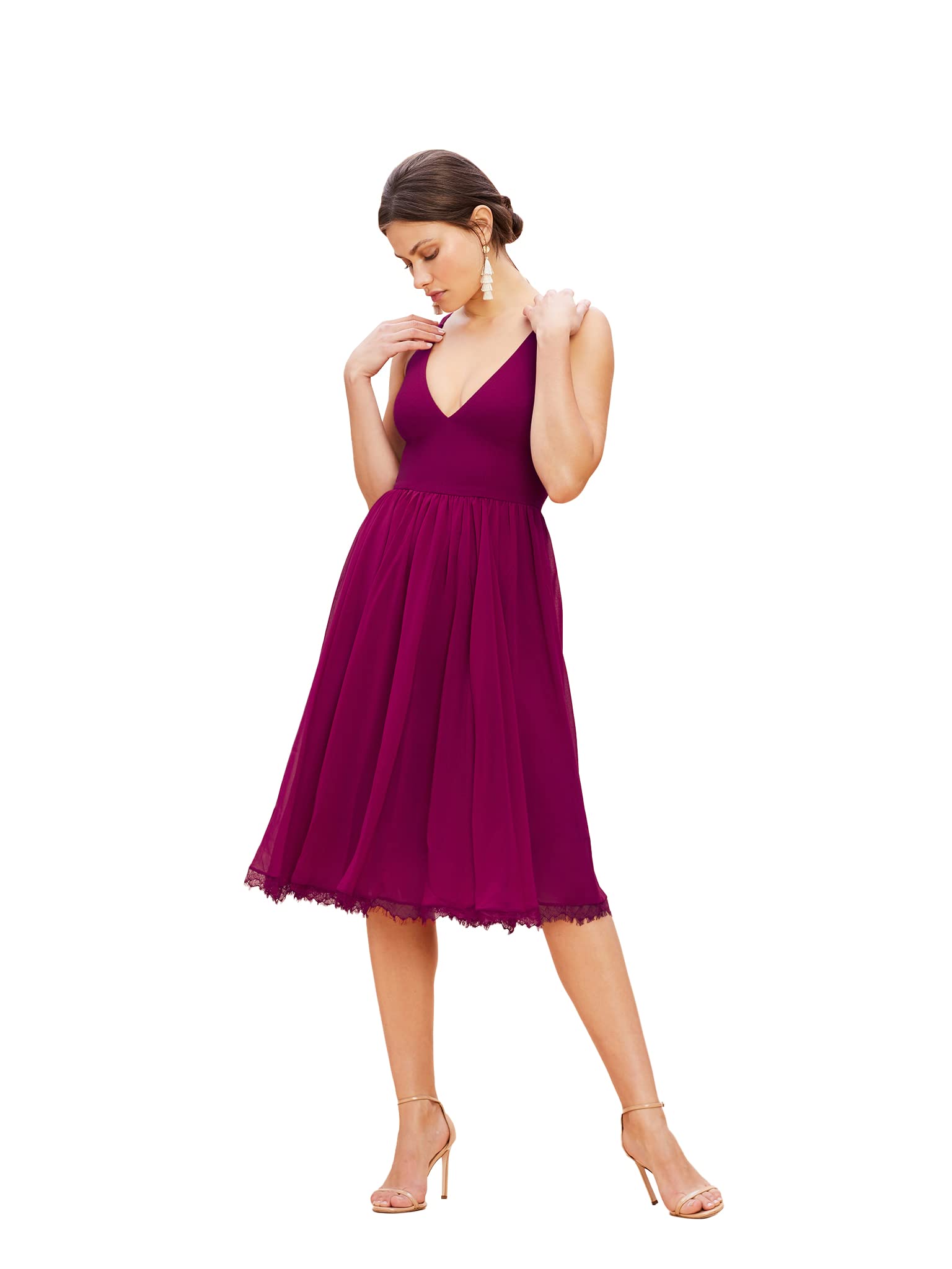 Dress the Population Women's Alicia Sleeveless Plunging Fit and Flare Midi Dress