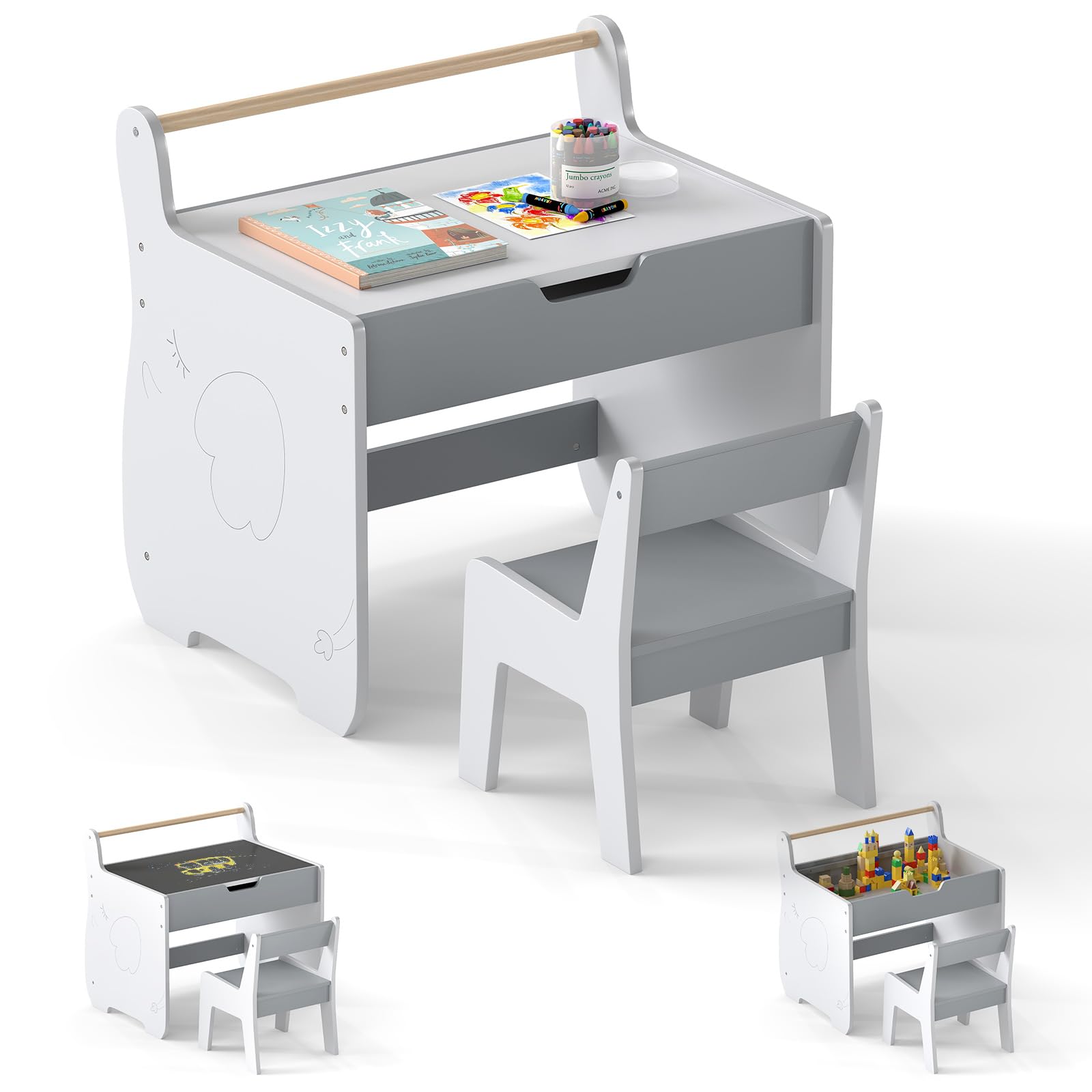 LIFEZEAL Kindertisch mit Stuhl, Abnehmbarer Kinderschreibtisch mit Stauraum, Kindersitzgruppe mit doppelseitiger Tafel, Kinder Tisch Stuhl Set zum Spielen, Lesen, Malen, Essen (Grau + Weiß)
