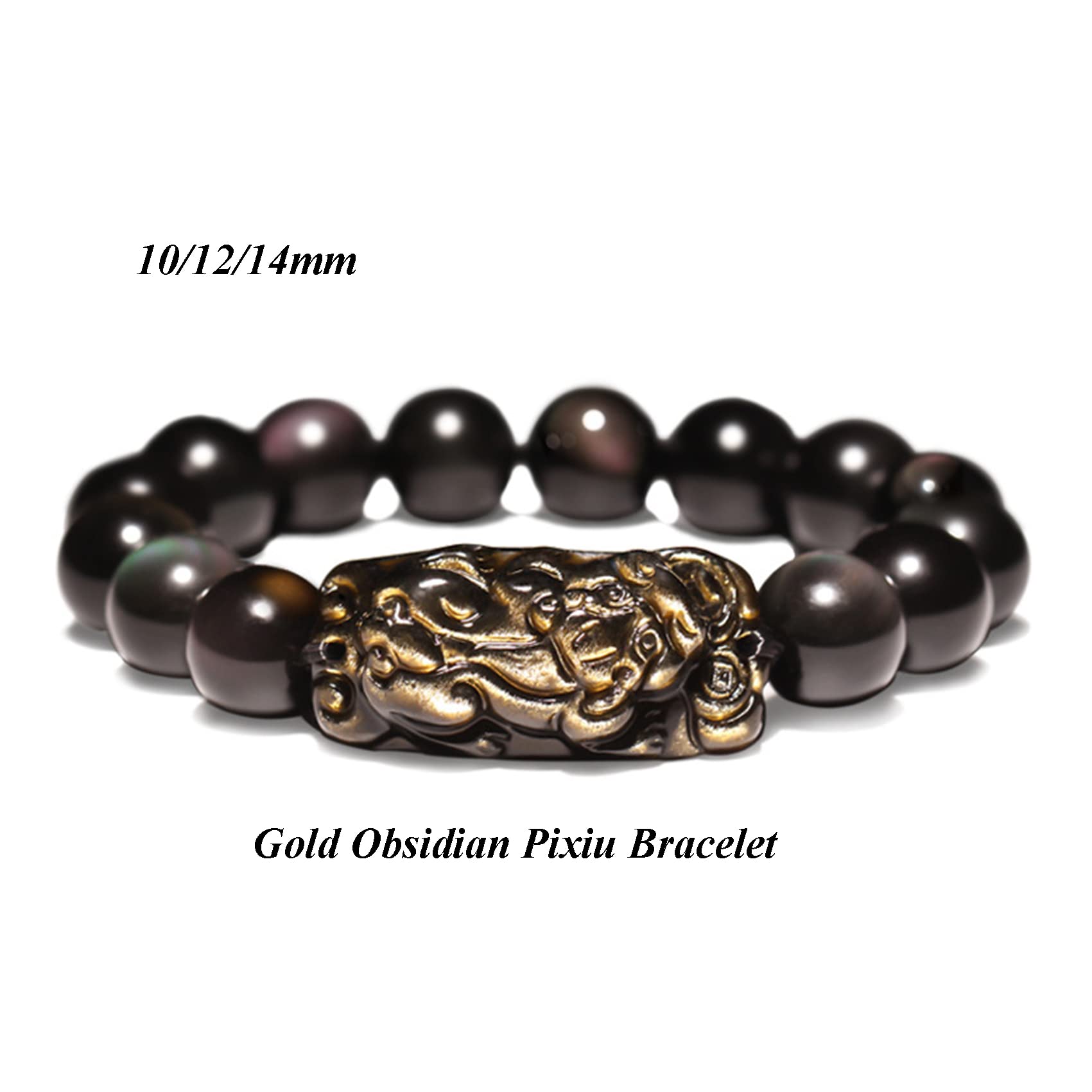 Czarna obsydian bransoletka, naturalna złota obsydianowa duchowa bransoletka czakra amulet Szczęśliwy regulowany oddział Off Evil Bransoletka Kobiety, styl D, 12 mm (kolor: styl B, rozmiar: 14 mm)