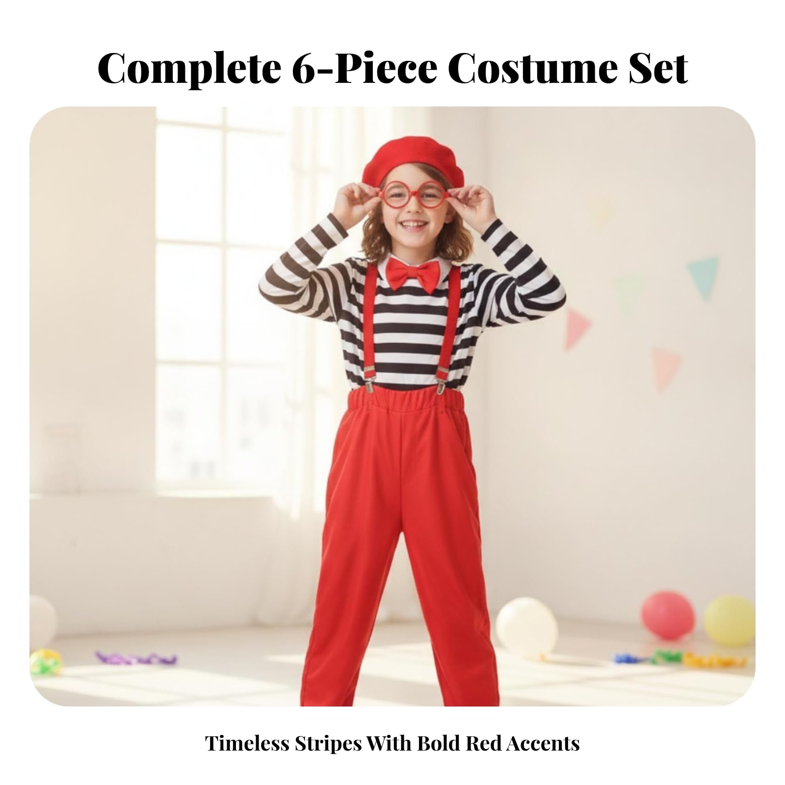 Costume Professionale da Clown per Bambini con Completo Elegante Giacca a Righe Bianche Bottom Rosso con Bretelle Papillon E Forma