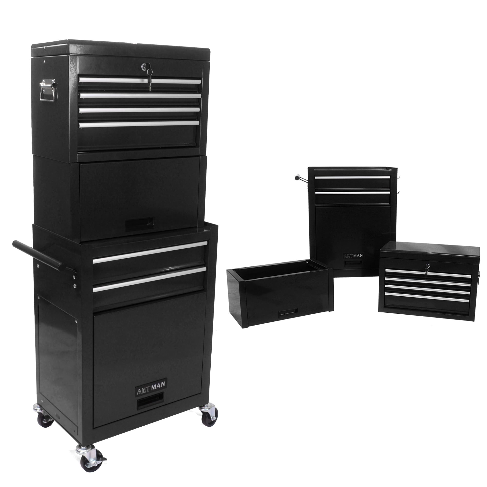 nifoti 6 Drawers Rolling Tool Box Organizer,2 Tier High Capacity Tool Chest with Wheels,Lockable Rolling Tool Chest with 2 Cabinet,Detachable Tool Box