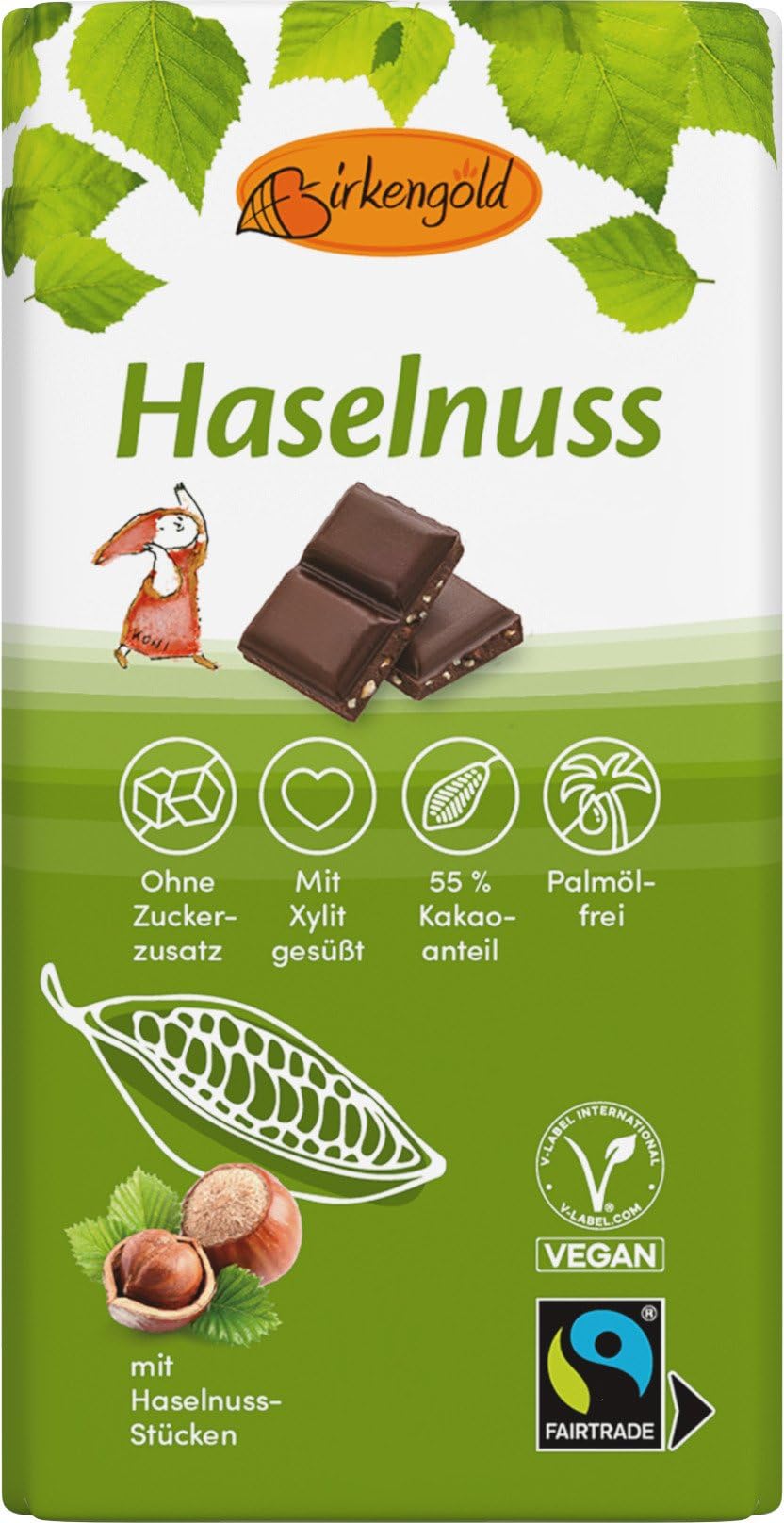 Birkengold Zartbitter Schokolade mit Nüssen, 55% Kakaogehalt, ohne Zuckerzusatz 12 x 100 g