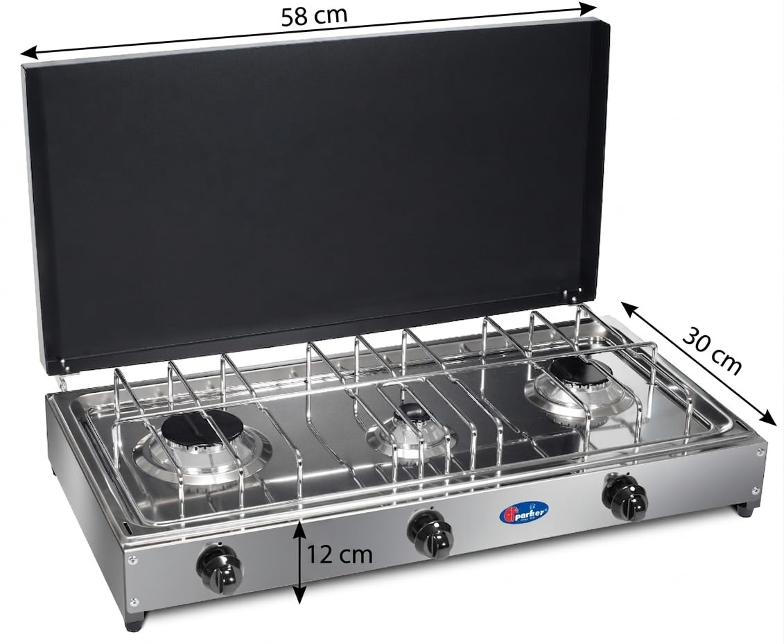 CFParker Fornello 3 Fuochi a Gas Gpl con Pianale in Acciaio Inox e Coperchio Grigio Grafite per Uso Esterno - 5523GSP