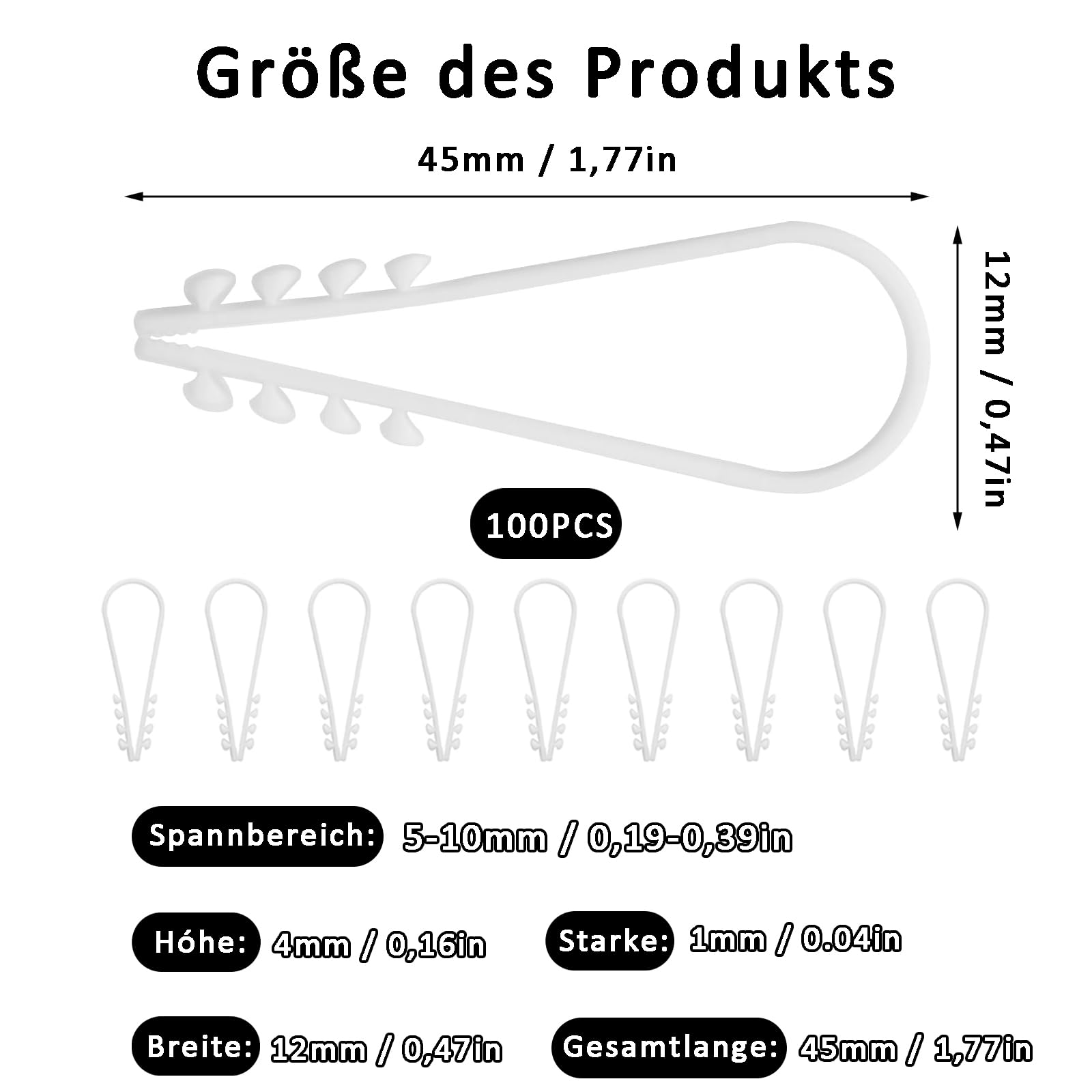 Chevilles à Boucle, Plage de Serrage 5-10mm, Lot de 100 Cheville à Enfoncer, Colliers de Serrage Ronds, Chevilles Passe Câble à Enfoncer,Chevilles Colliers de Serrage,pour la Fixation de Câbles Tuyaux