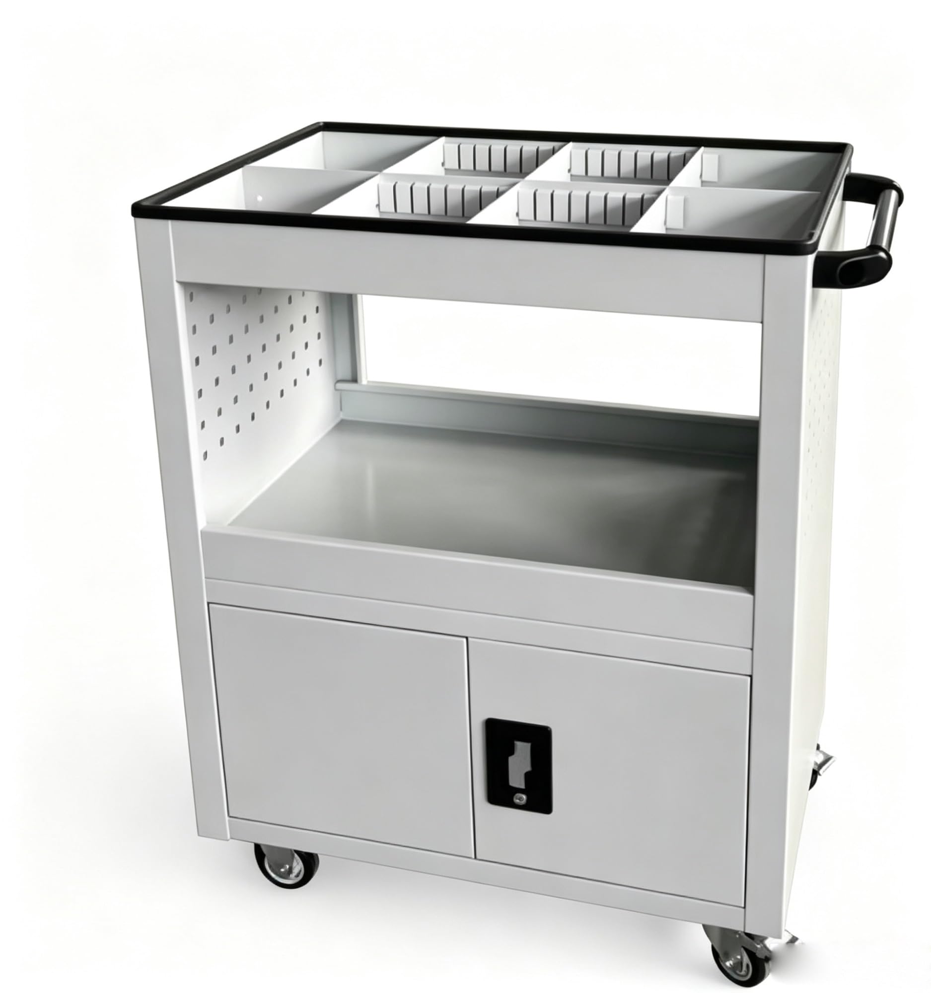 Metal Tool Cart With Lockable Cabinet & Parts Divider Tray, Rolling Utility Storage Trolley For Garage Workshop Repair Organizer